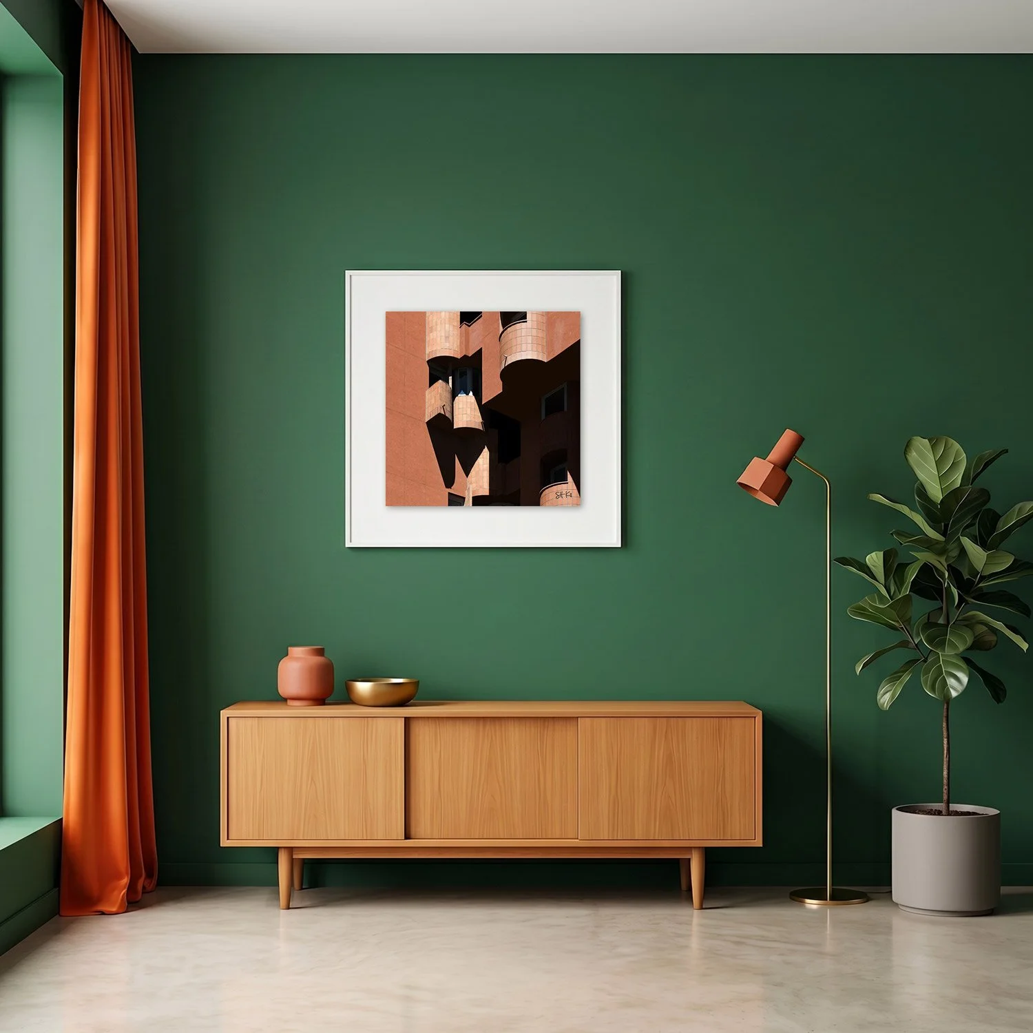 Walden 7 02 framed photography print in deep green and terracotta mid-century interior