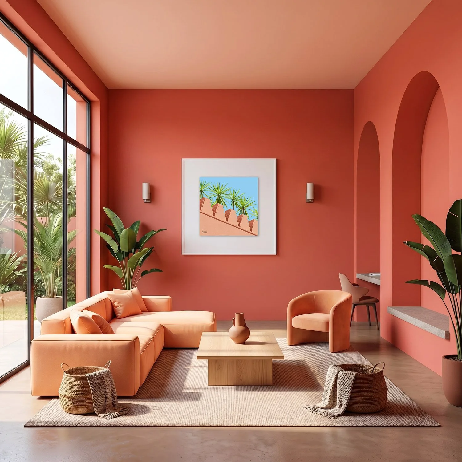 Marrakech Medina 07 framed photography print in warm terracotta and peach interior