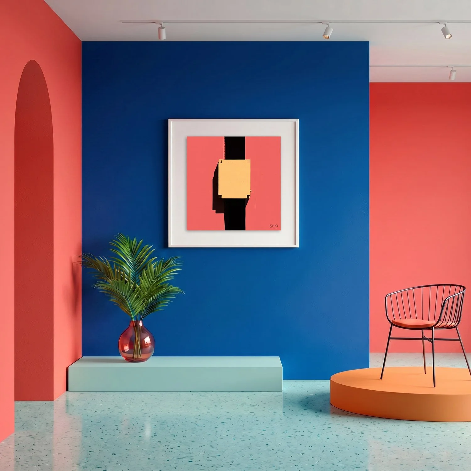Muralla Roja 30 framed photography print in bold cobalt blue and coral gallery interior