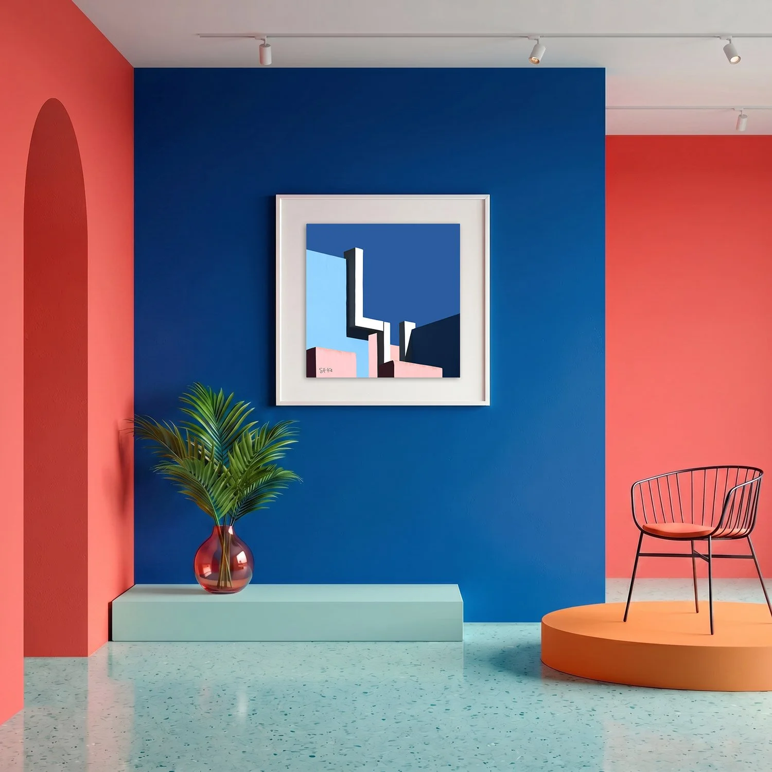 Muralla Roja 31 framed photography print in bold cobalt blue and coral gallery interior