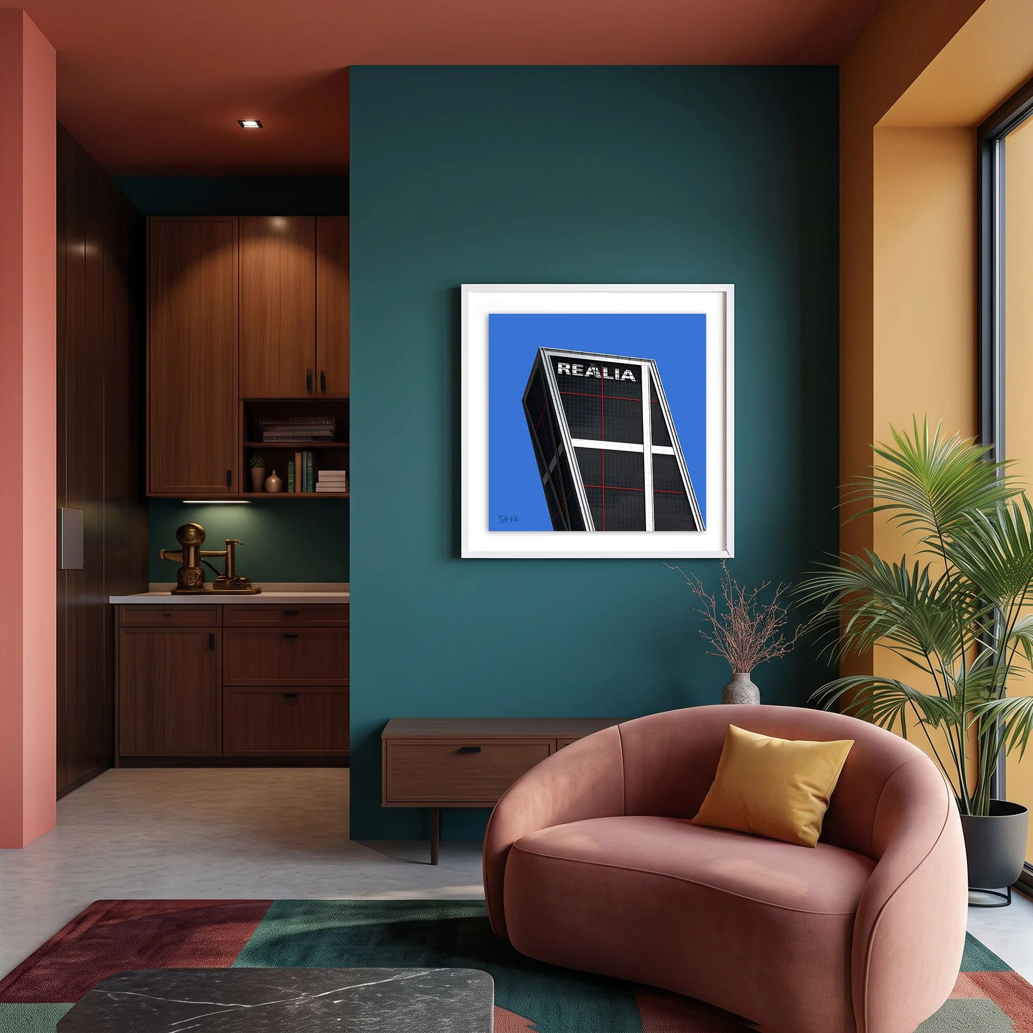 Puerta de Europa 09 framed photography print in teal and terracotta mid-century modern living room