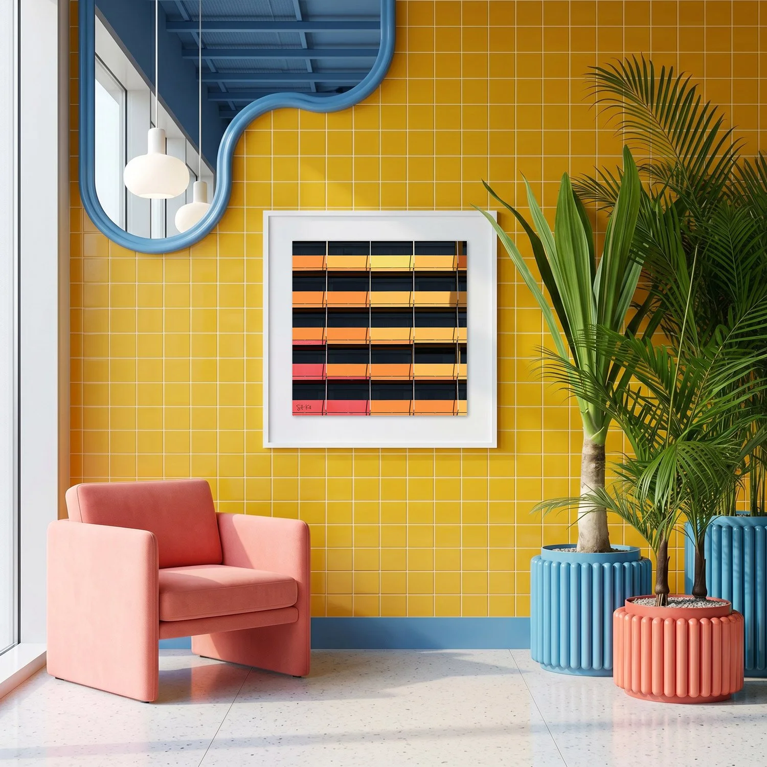 Puerta América 04 framed photography print in vivid yellow, coral, and blue maximalist interior