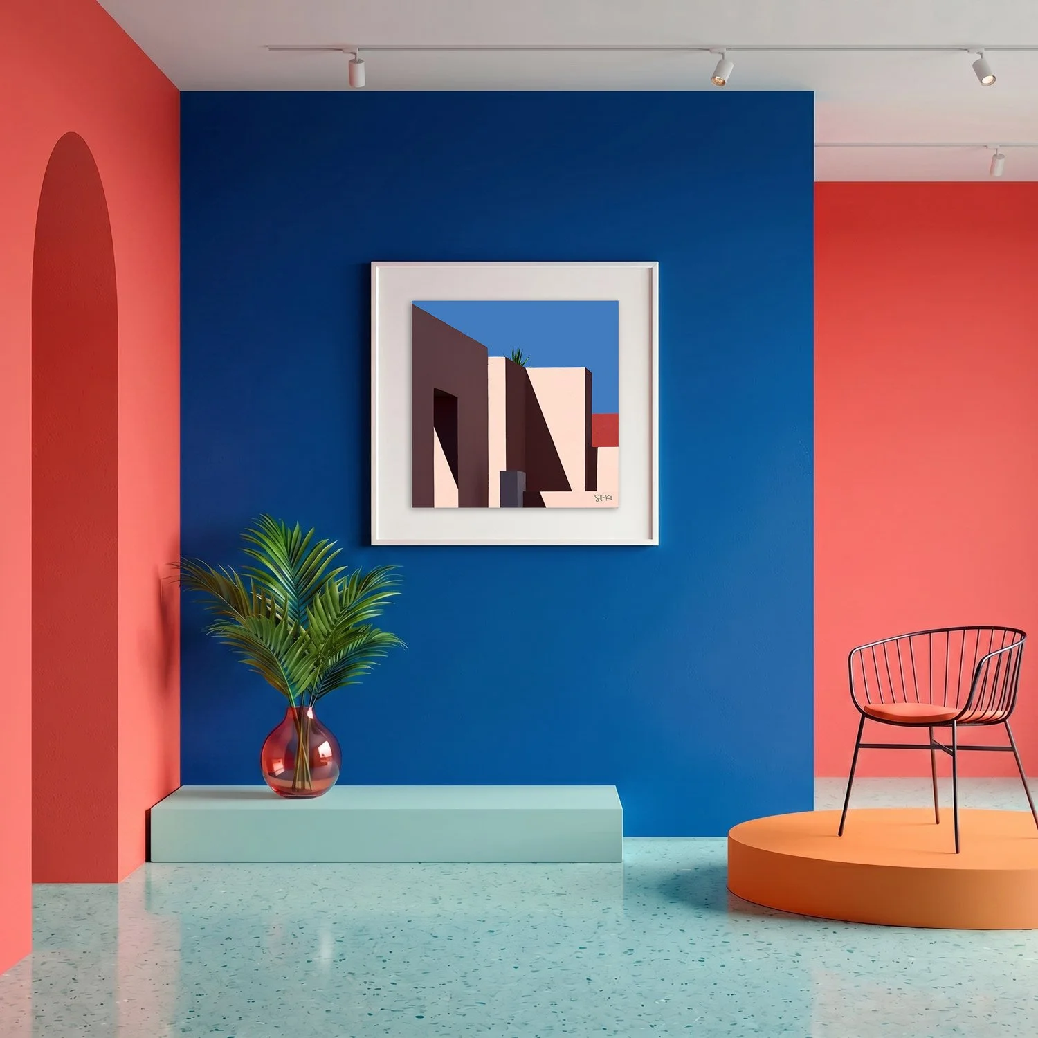 Muralla Roja 32 framed photography print in bold cobalt blue and coral gallery interior