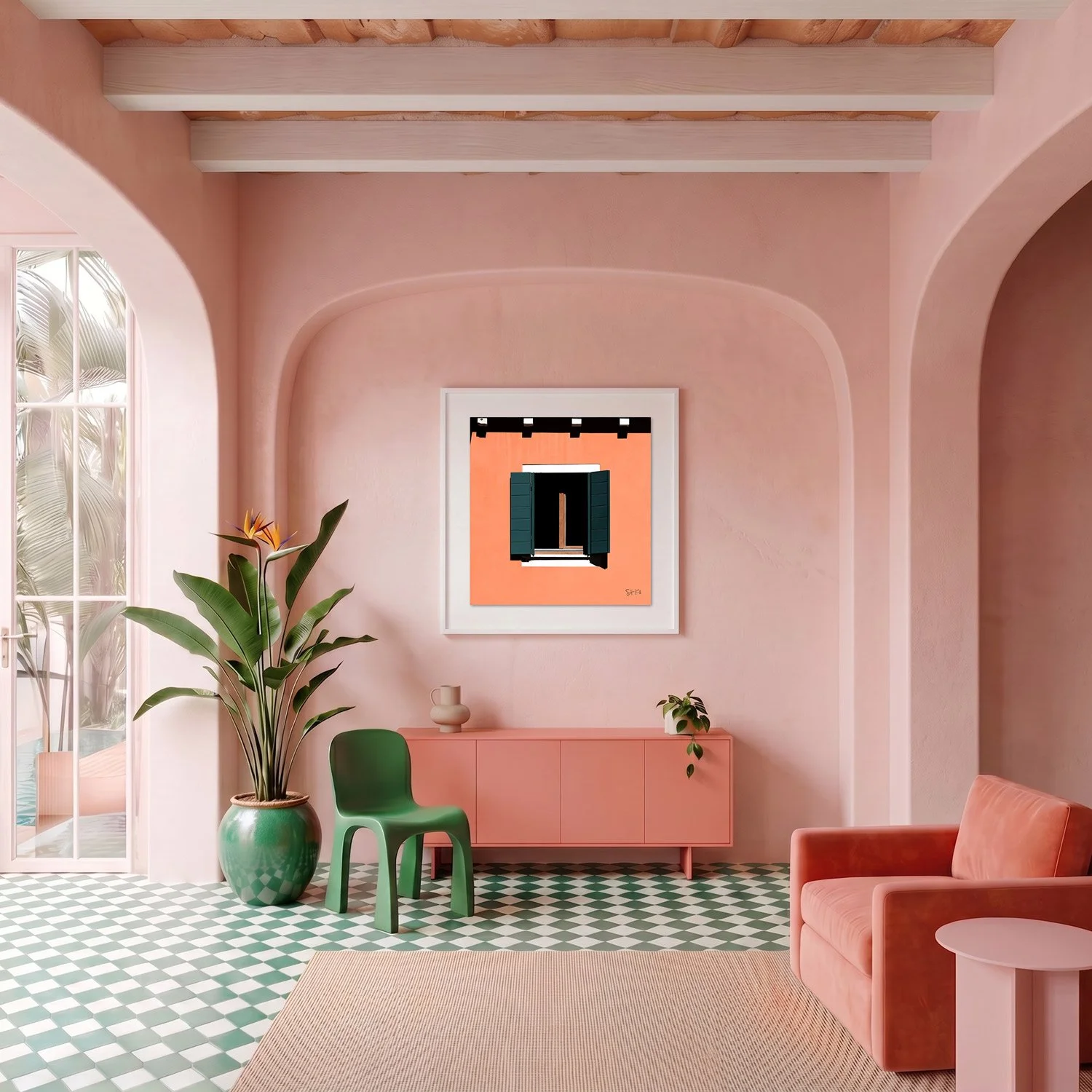 Venice 20 framed photography print in blush pink plaster and coral Mediterranean interior