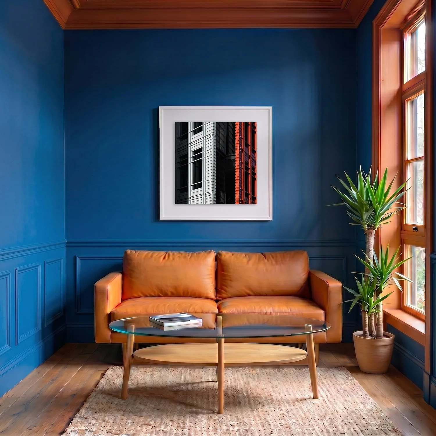 Central Saint Giles 04 framed photography print in deep blue and terracotta classic interior