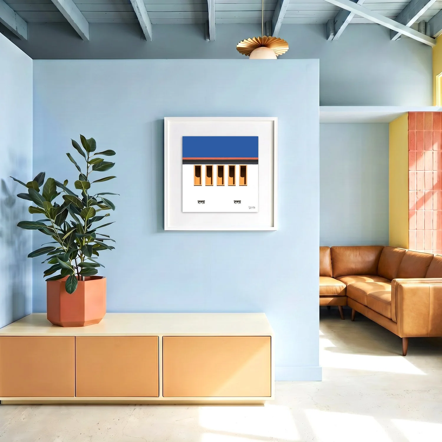 Miami Beach 05 framed photography print in sky blue and caramel coastal interior