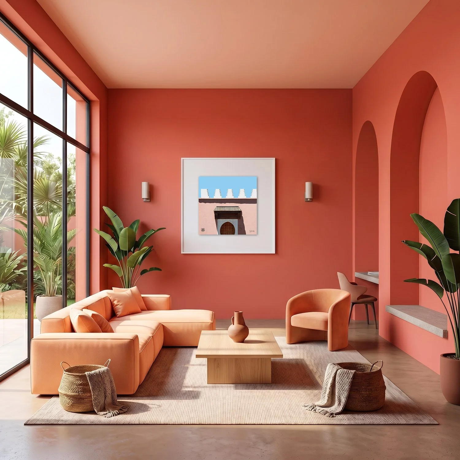 Marrakech Medina 01 framed photography print in warm terracotta and peach interior