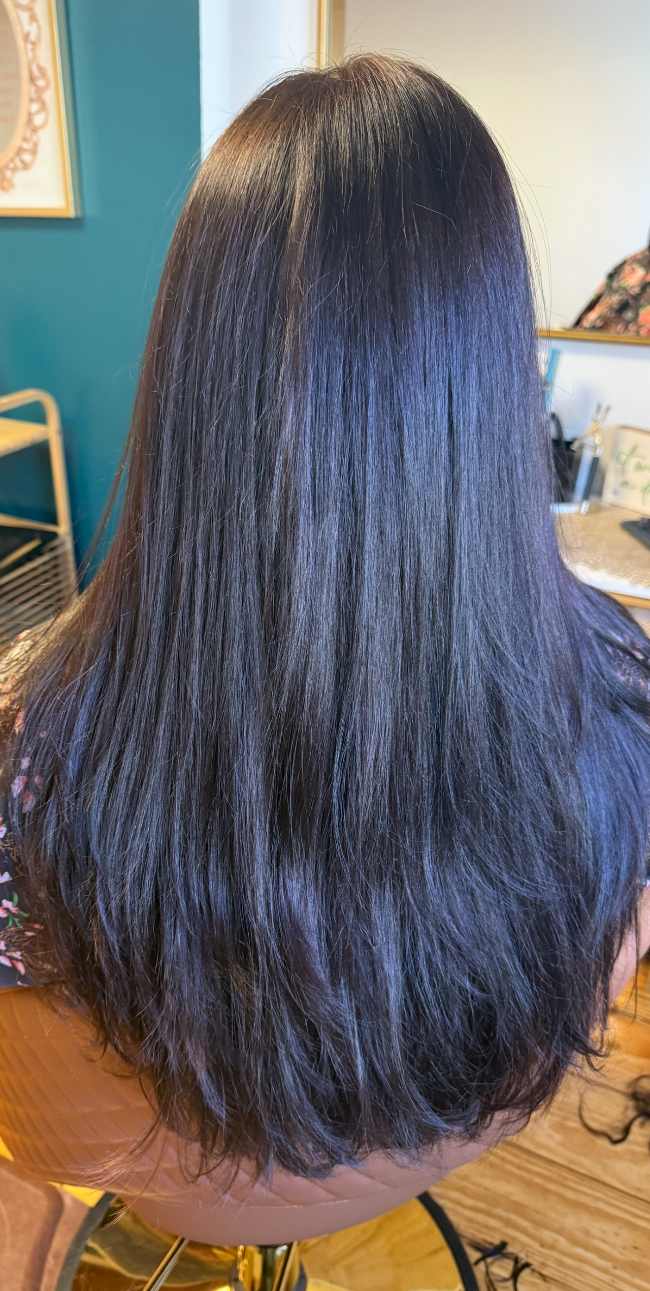 Back view of a woman with long, straight, shiny black hair sitting in a salon chair.
