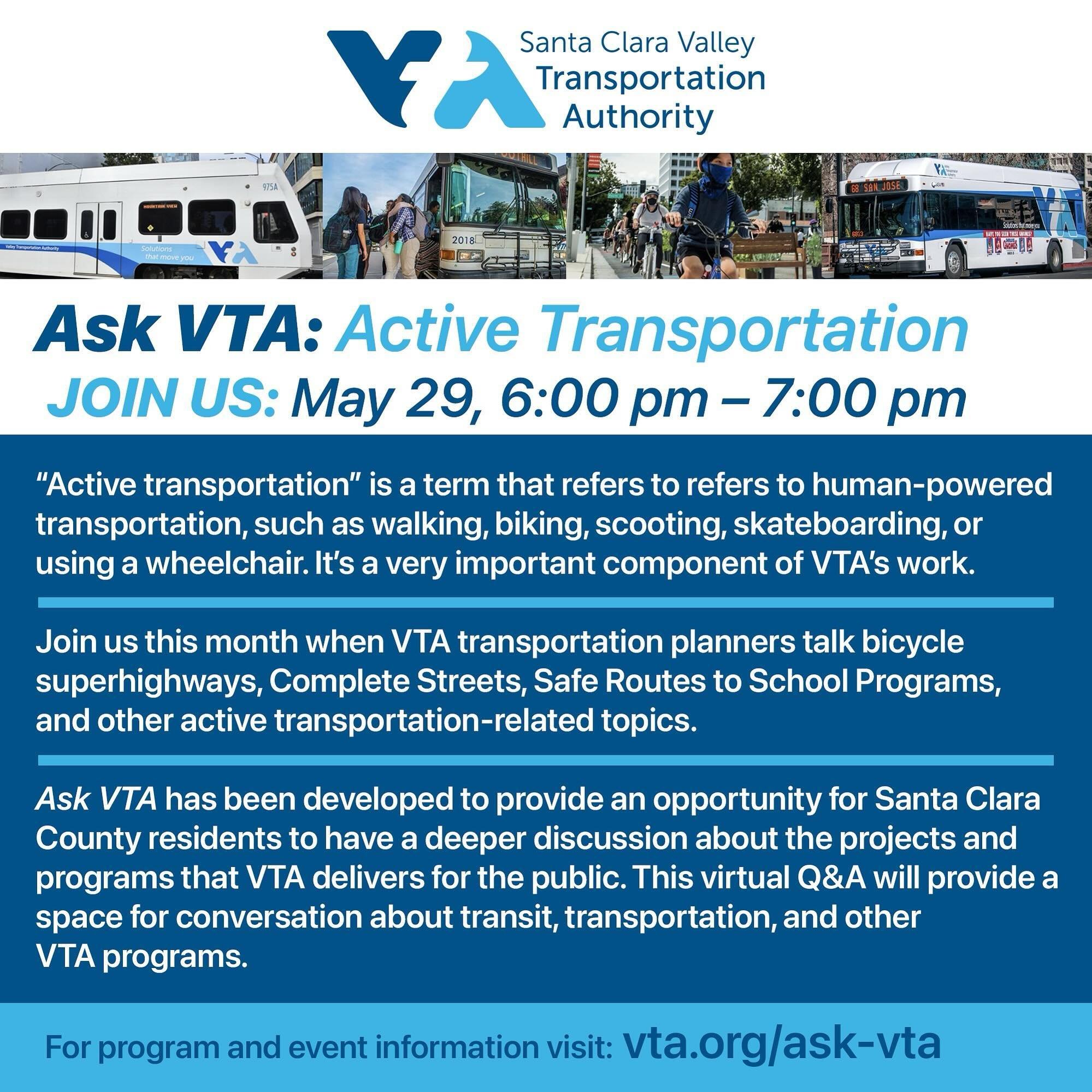 Mass transit and human-powered transport like cycling, skating, etc, are very important elements of our sustainable future. Join VTA officials and partners for a public discussion on Active Transportation May 29th 6-7pm.&nbsp;See http://www.vta.org/a