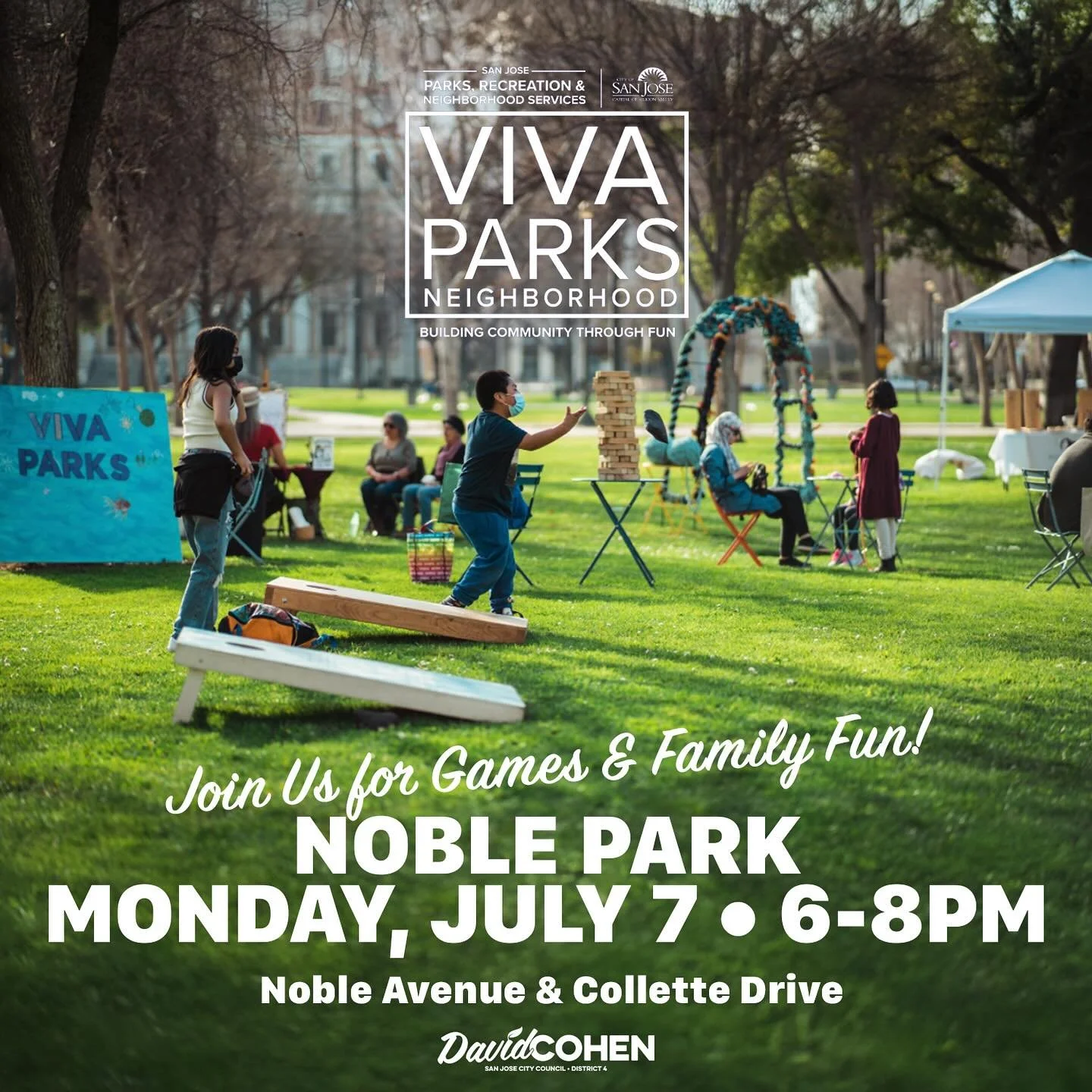 Join us tonight (July 7) at Noble Park from 6:00&ndash;8:00 pm for Viva Parks! Enjoy an evening of fun, games, and entertainment for the whole family! See you there!