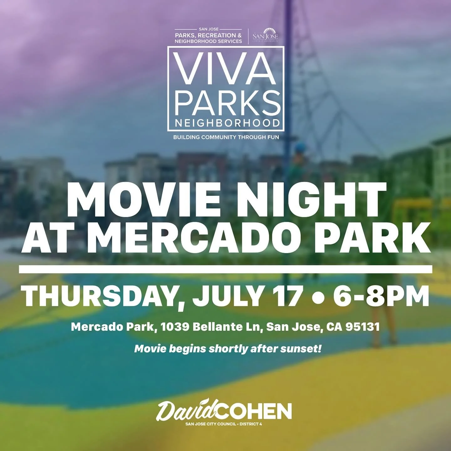 Join us for Viva Parks Movie Night at Mercado Park! Thursday, July 17 at 6:00 PM. Bring the whole family for an evening of fun, games, and a special outdoor showing of The Emoji Movie starting at sunset. Don&rsquo;t forget your blankets and lawn chai