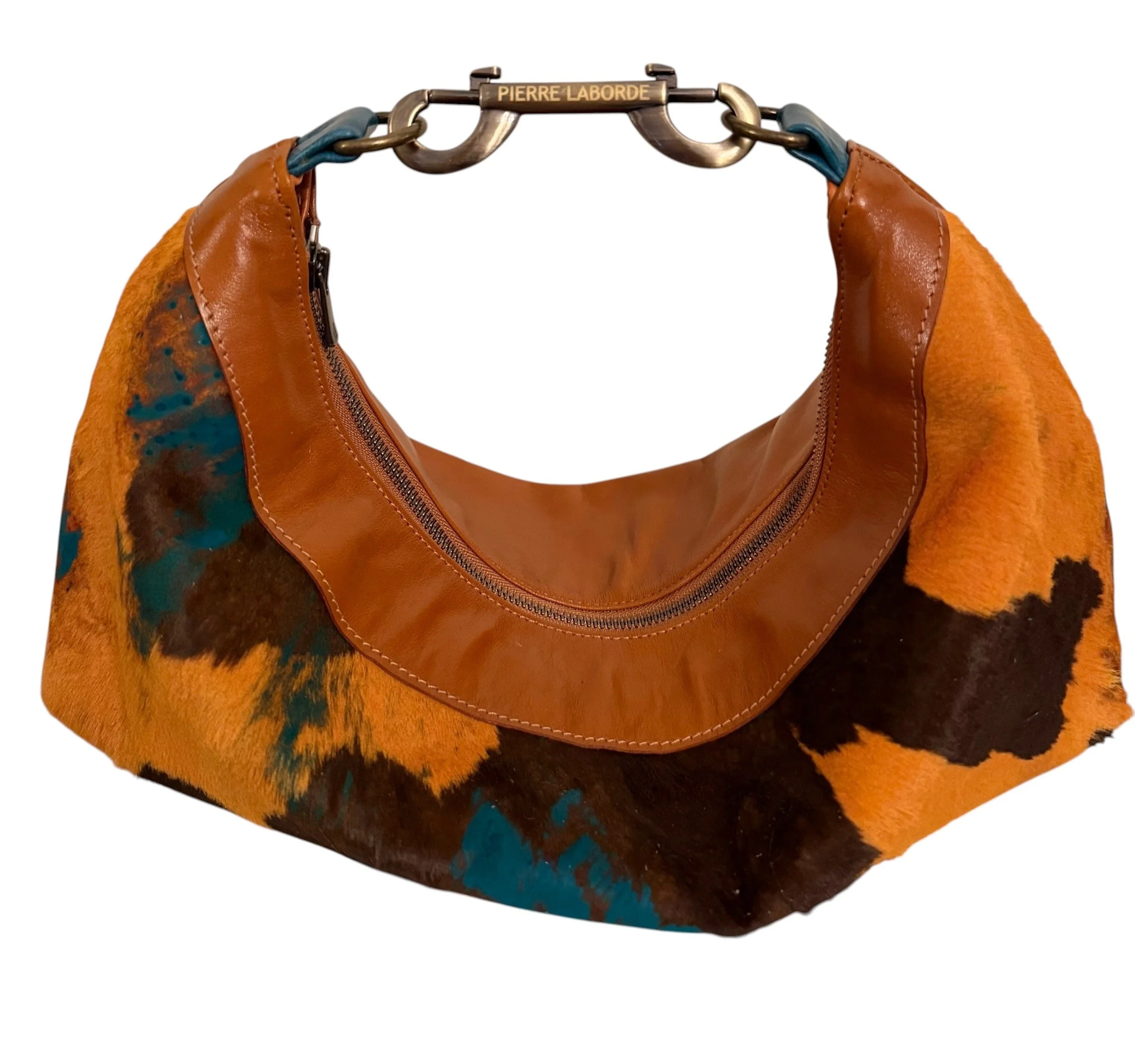 Mica / Acid Washed Turquoise  Yellow & Brown on Calf Skin/ Tan Leather Hide