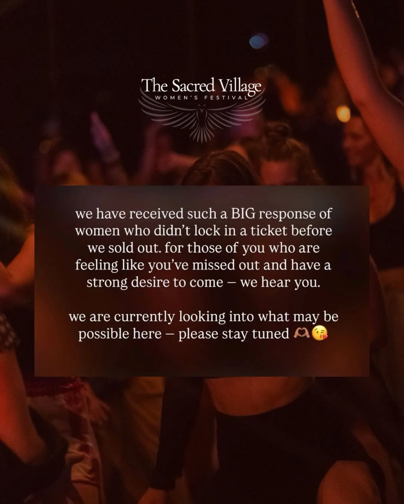 We hear you 🤍

If you missed out on a festival ticket and would still like to join us, send us a DM 🫶

We are looking into the possibility of opening up a few more tickets. 🤞🤞🤞

These will be very limited and first come, first served. If you hav