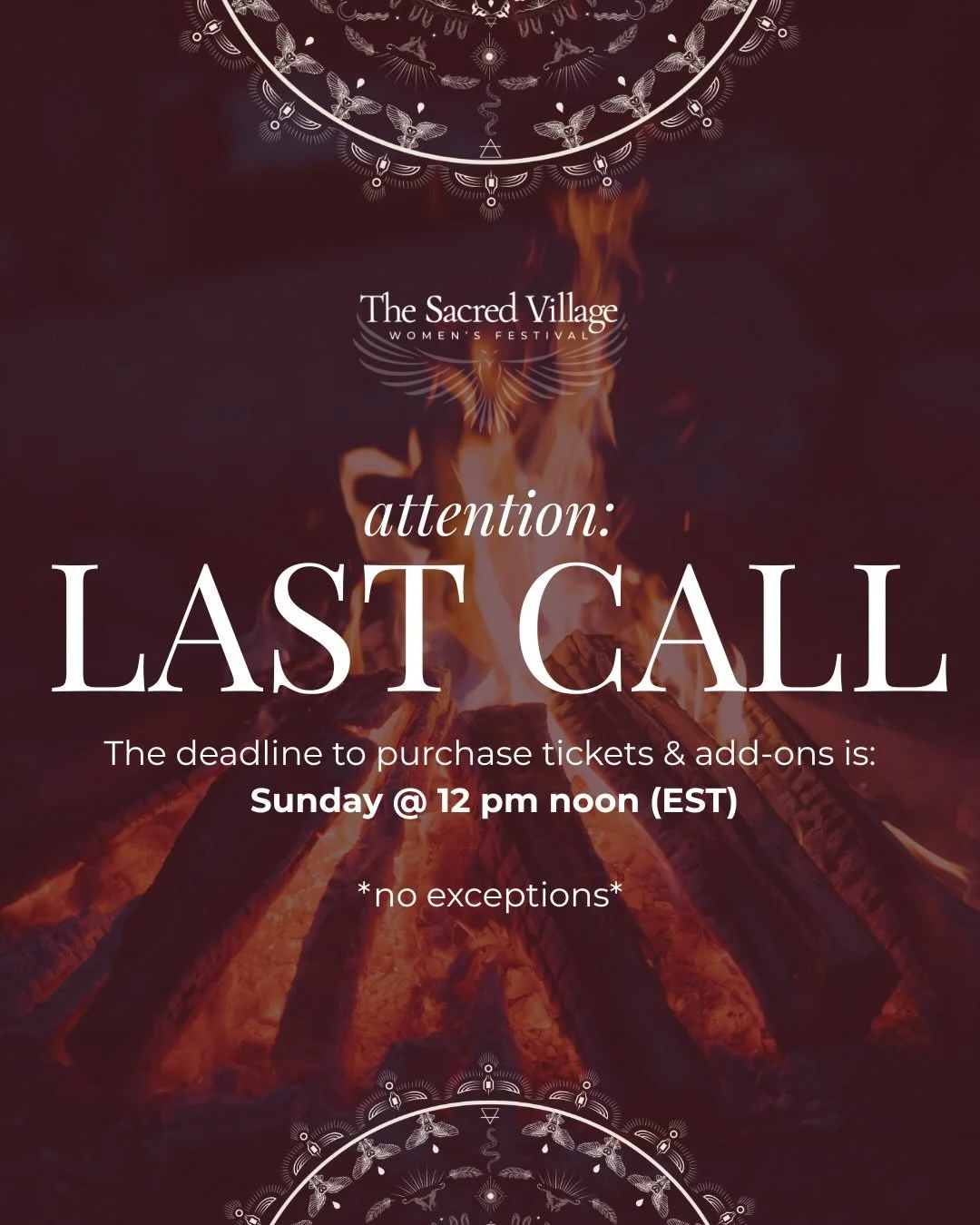 Final call ‼️&hearts;️

We are shifting into full execution mode, and the ticket portal will be closing Sunday at noon.

All festival tickets, parking passes &amp; early arrival passes must be purchased before Sunday at 12pm EST. At this point, the t