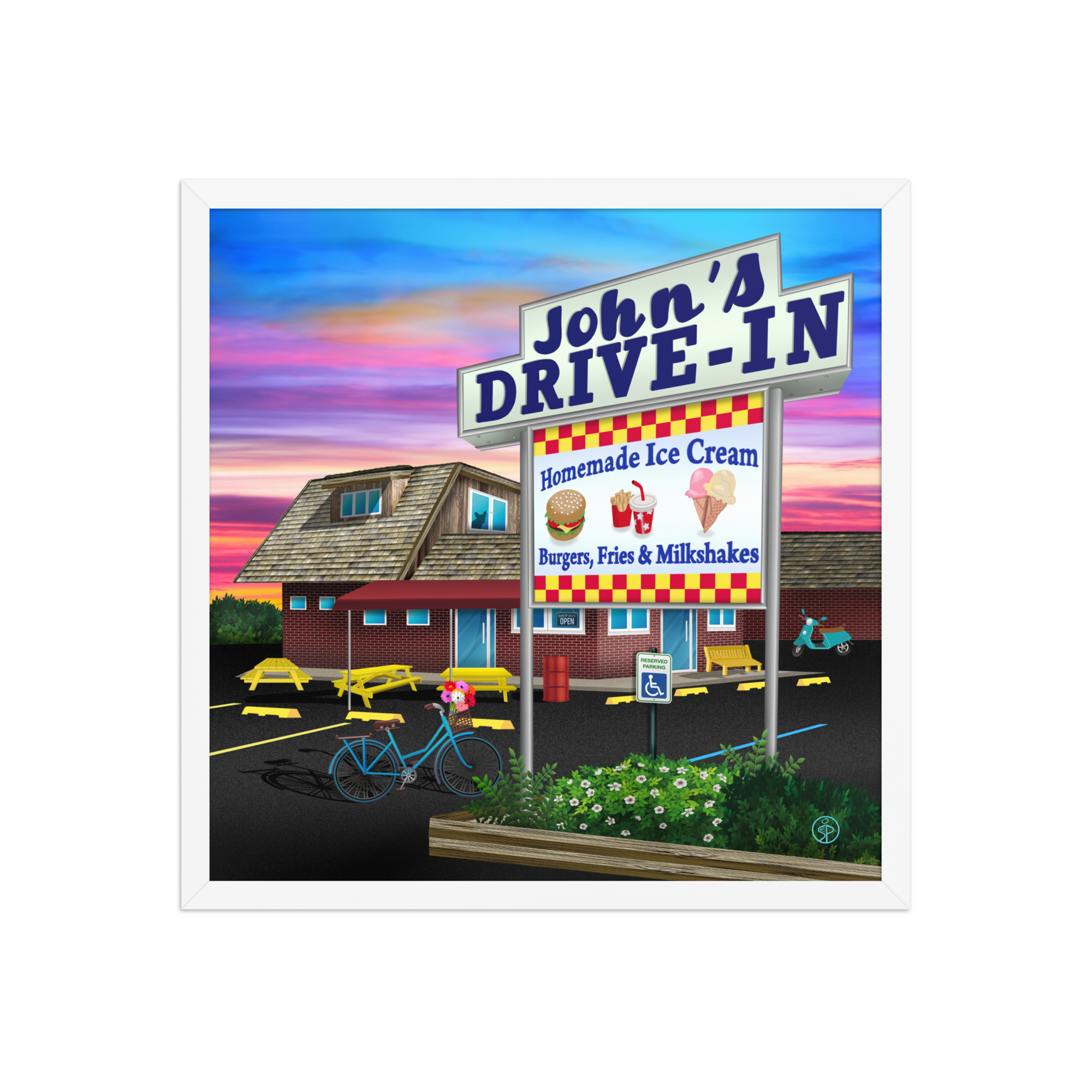 Framed retro art print of John's Drive-In Montauk by Hamptons Hippie, featuring a vintage coastal aesthetic for beach house wall decor. 3