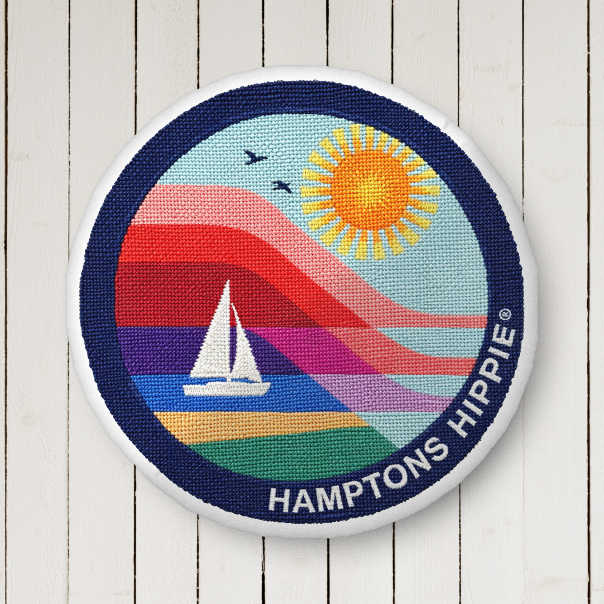 HH round trompe l'oeil needlepoint pillow