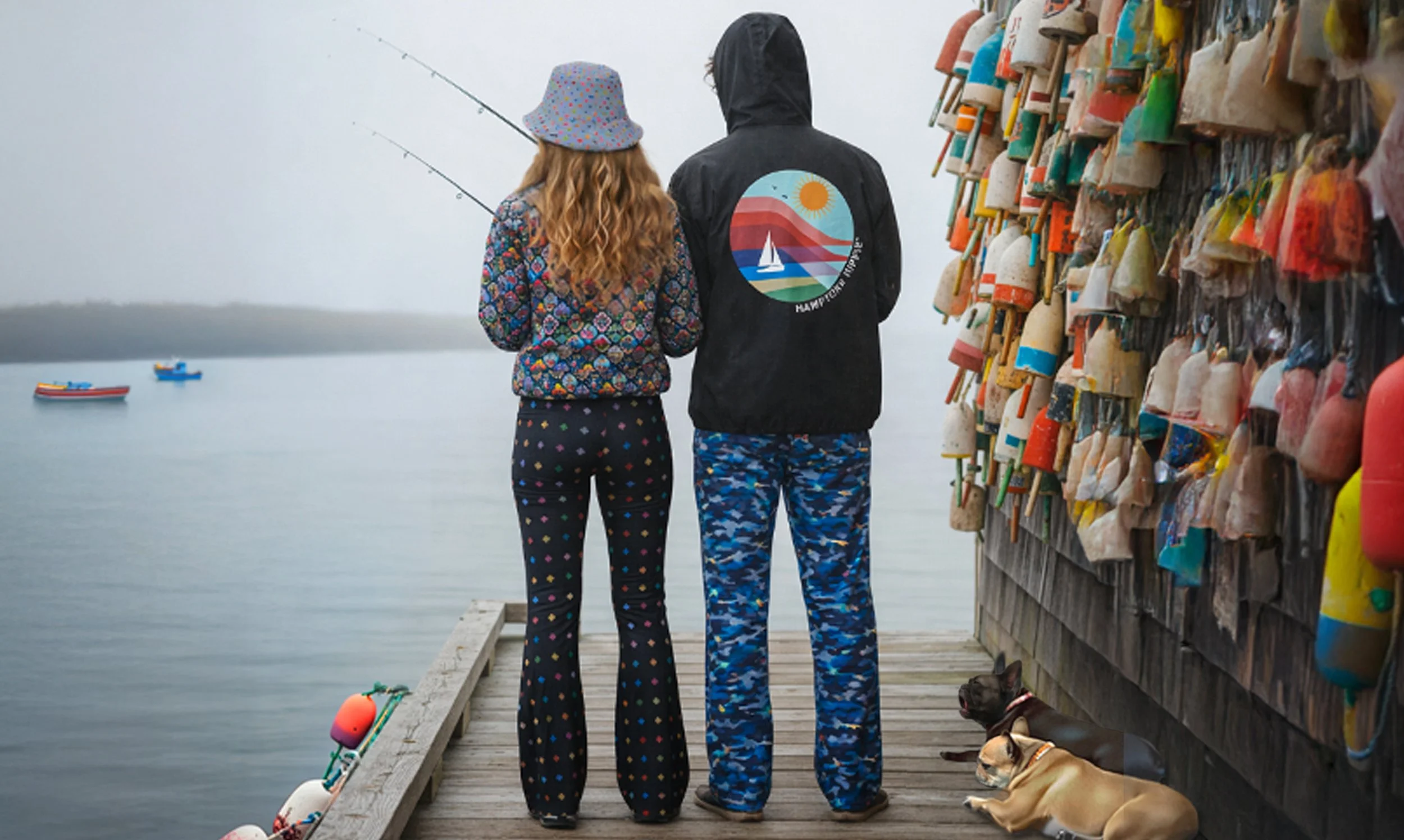 Experience a serene seaside escape with this couple enjoying a quiet moment fishing on the dock. As the golden light reflects on the water, this scene embodies peaceful coastal romance and the easygoing barefoot luxury lifestyle. Perfect inspiration 
