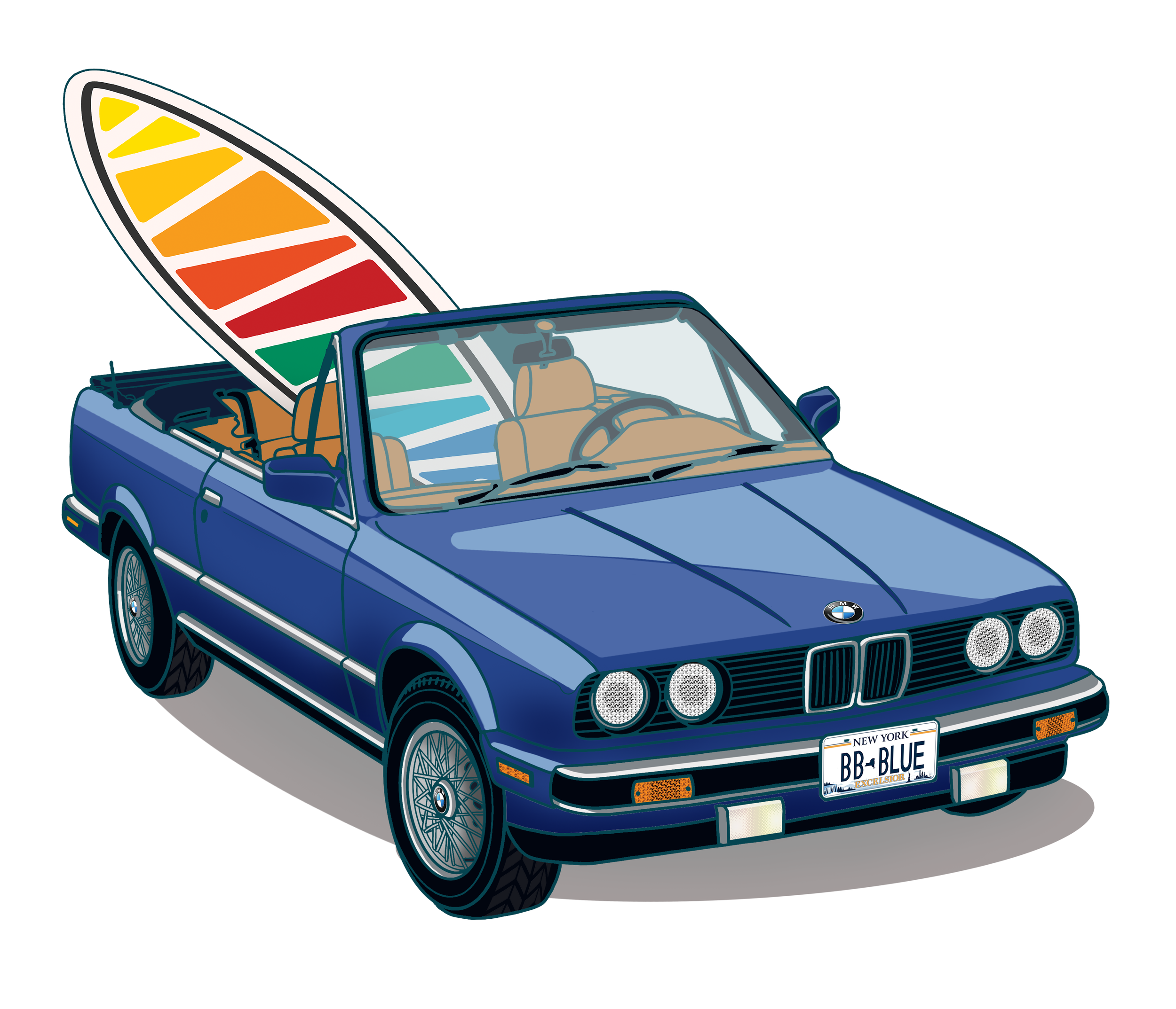 "Chase the waves in style: A sleek blue convertible, complete with a vibrant rainbow-colored surfboard, parked near the coast. This image embodies the ultimate Hamptons beach lifestyle and coastal chic aesthetic. Perfect inspiration for a road trip!