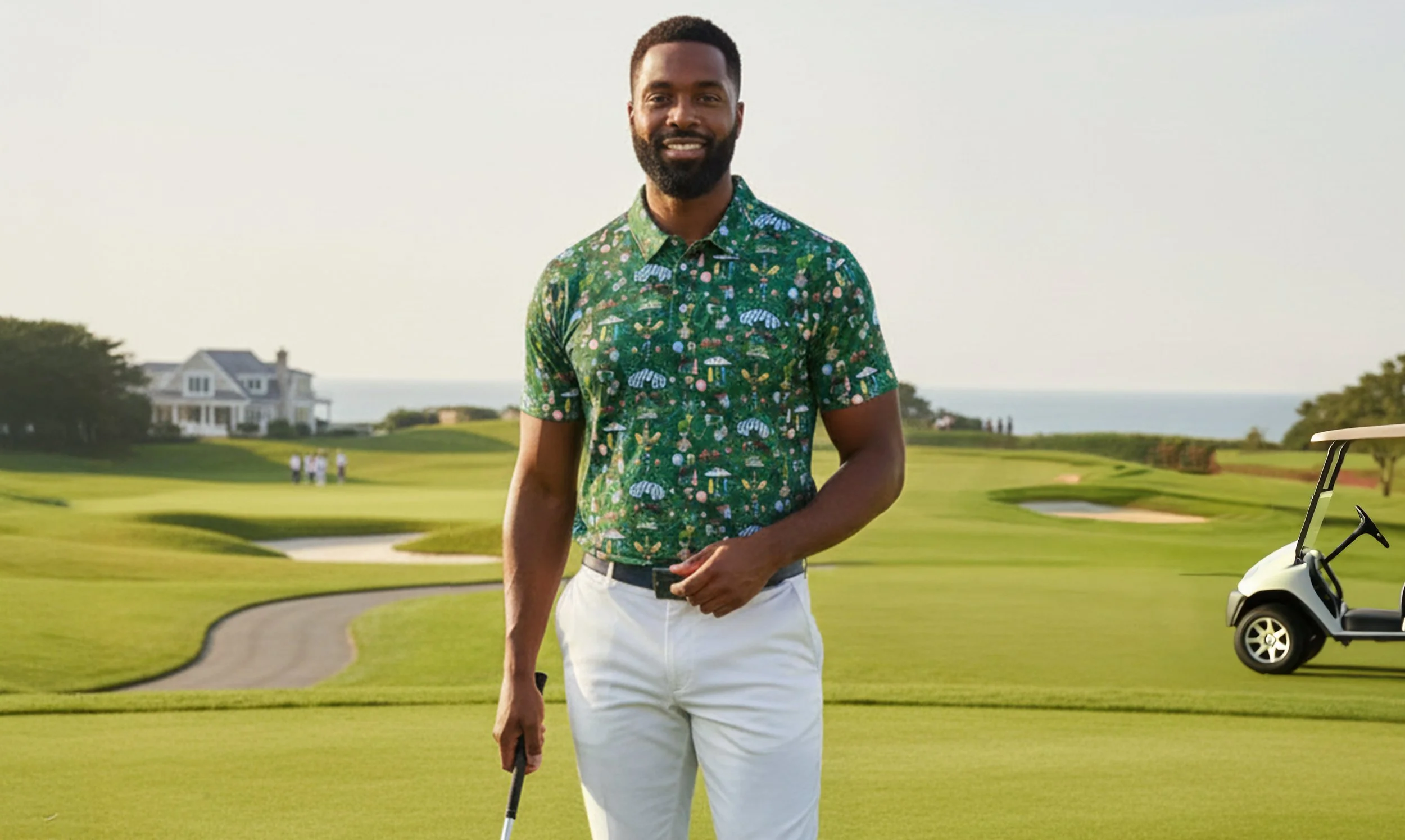 A man standing on a golf course holding a golf club, wearing a vibrant green shirt with a jungle and golf-related print, and white pants. In the background, there is a golf cart, a lush green landscape, a house, and a few people near the ocean.