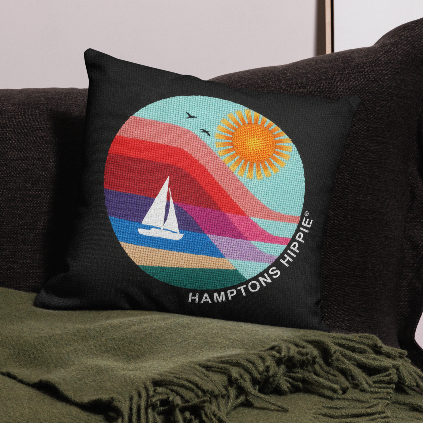 HH trompe l'oeil needlepoint logo throw pillow