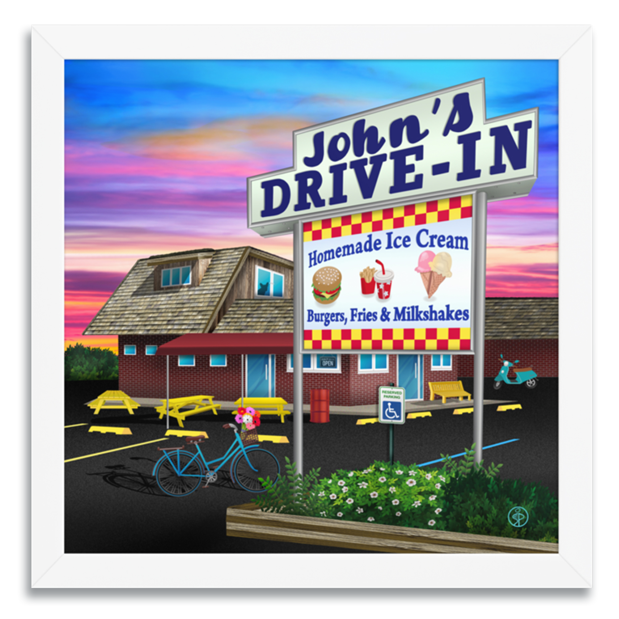 HH John's Drive-in Montauk framed retro art