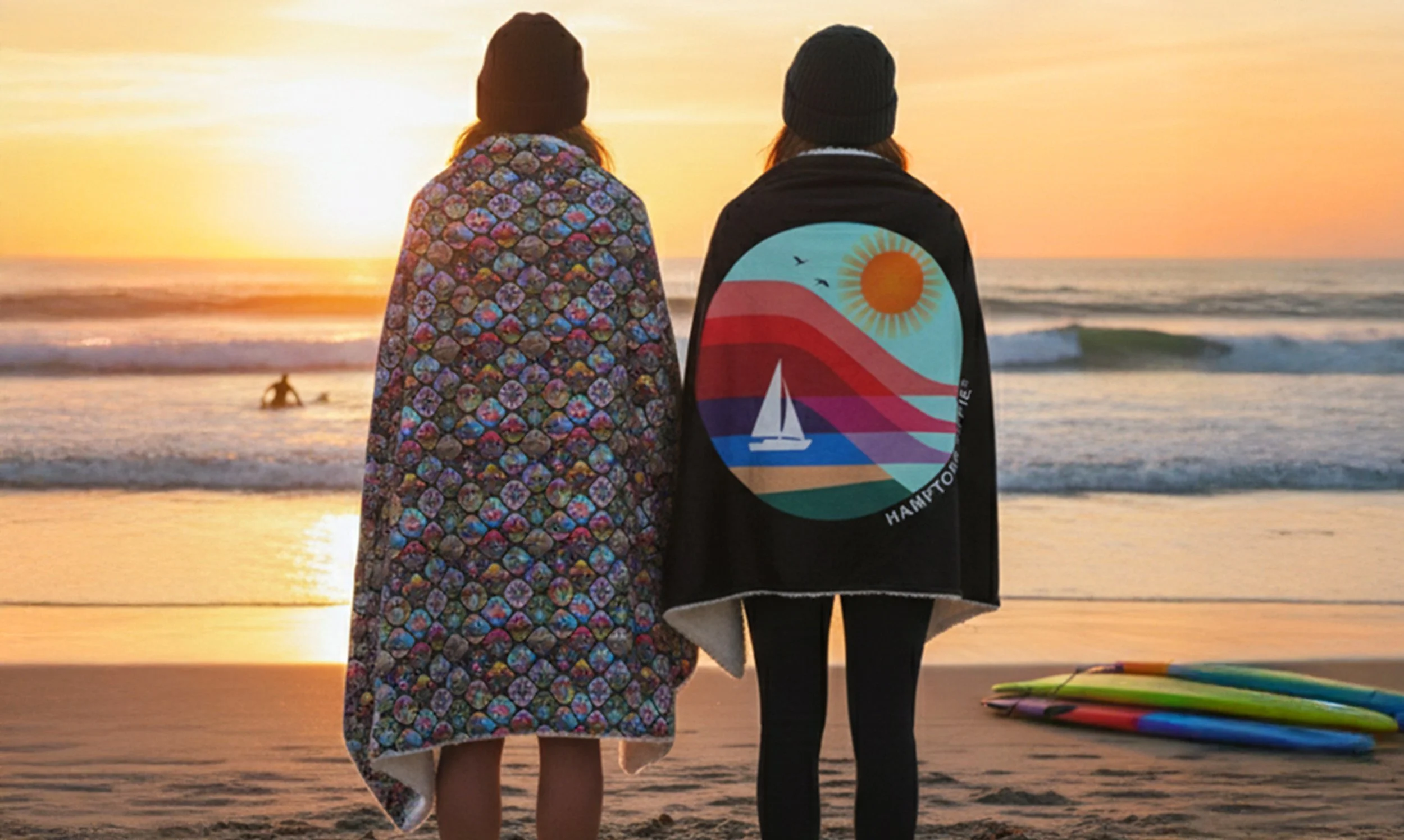 Two women standing on a beach at sunset, wrapped in colorful blankets, with surfboards on the sand nearby.