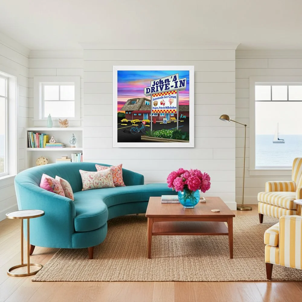 Framed retro art print of John's Drive-In Montauk by Hamptons Hippie, featuring a vintage coastal aesthetic for beach house wall decor. 2