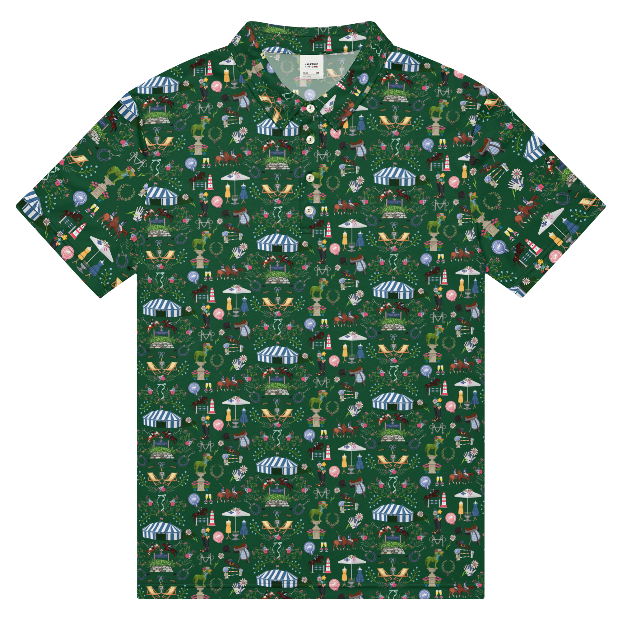 Discover the Hamptons Hippie Equestrian Unisex Button Shirt. This vibrant green shirt features a unique 'critter' print perfect for the coastal preppy lifestyle. Made from soft, breathable fabric, it's tailored for comfort and style. 