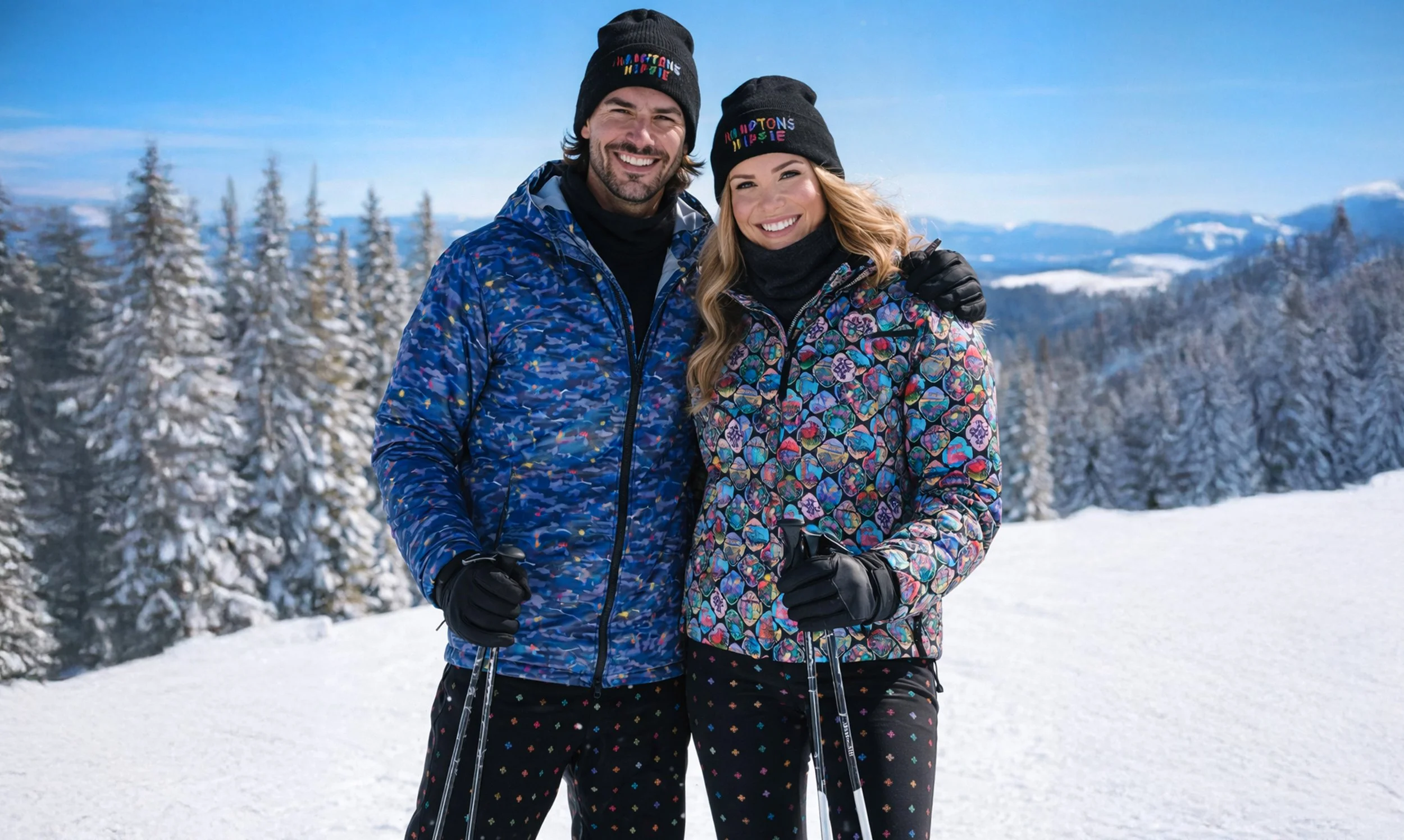 A smiling man and woman in winter clothing with snow-covered trees and mountains in the background, holding ski poles.