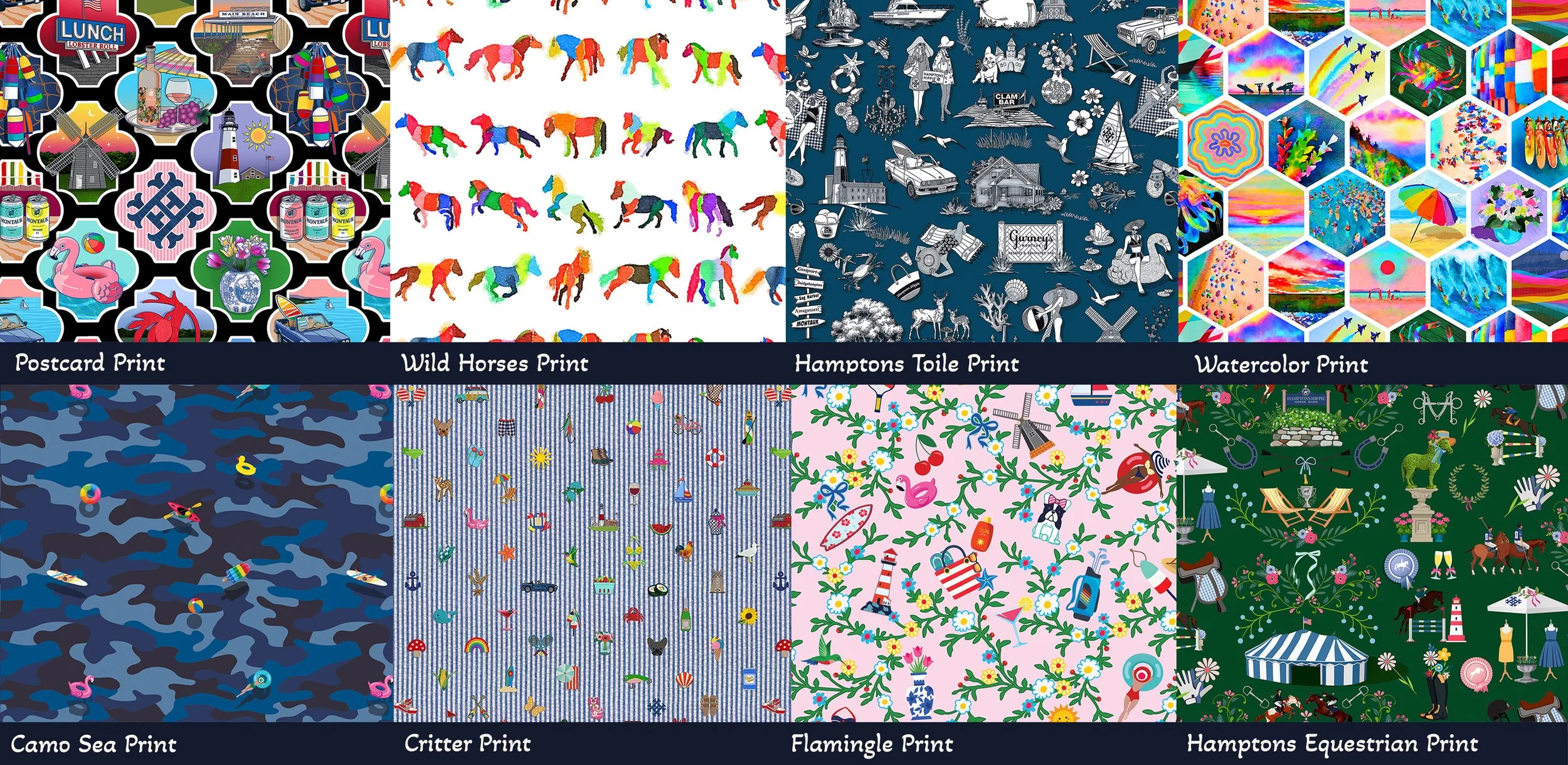 A collage of nine different fabric patterns, each with unique designs and themes, labeled from top to bottom and left to right as Postcard Print, Wild Horses Print, Hamptons Toile Print, Watercolor Print, Camo Sea Print, Critter Print, Flamingle Print, Hamptons Equestrian Print.