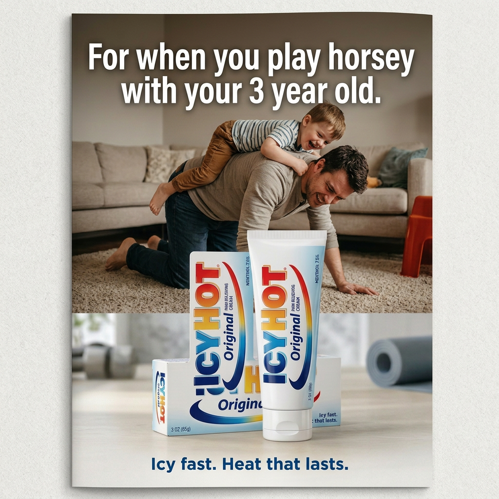 Firefly_Gemini Flash_Create a print ad for IcyHot showing the product. Headline- For when you play horsey  299374.png