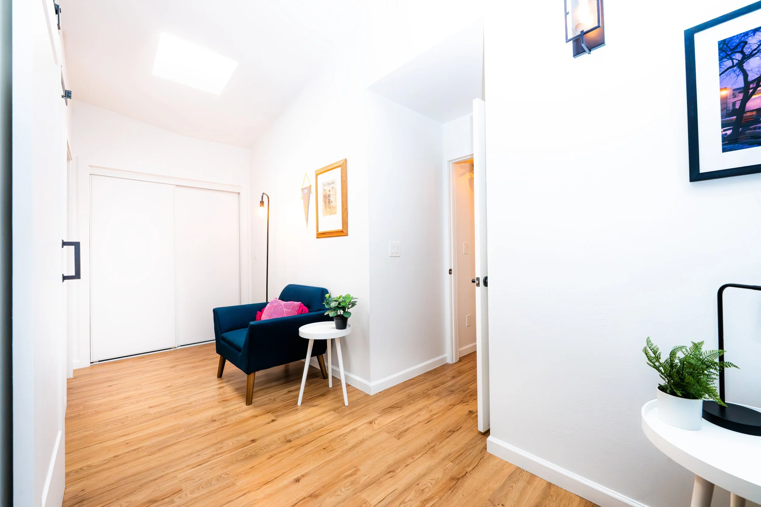 Living room corner with a dark blue sofa, pink pillow, potted plant on a small white table, wooden flooring, artwork on a white wall, and a closet with sliding doors.