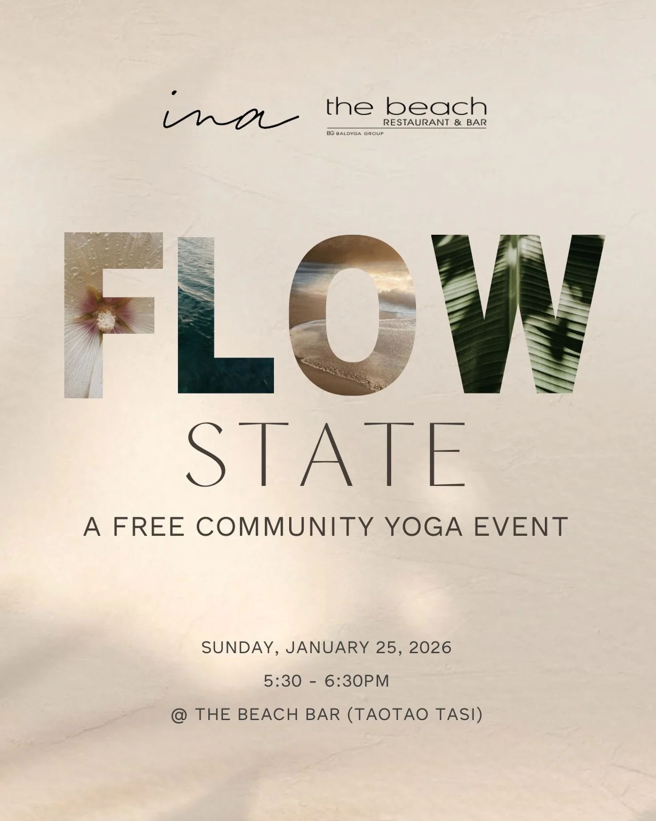 F L O W ~ S T A T E 

Ina Wellness Collective is turning 6, and we&rsquo;re celebrating the way we know best&mdash;by giving back to the community that has grown with us.
 
Join us for a free, oceanfront Sunday Reset: a grounding, all-levels yoga flo