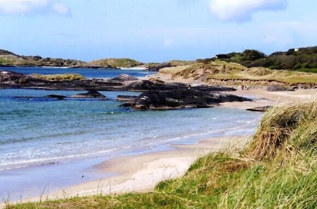 A scenic beach with clear blue water, rocky formations, sandy shore, grassy dunes, and distant hills under partly cloudy sky.