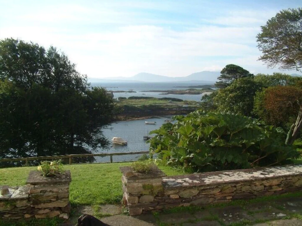 Scenic view of a body of water with boats, surrounded by greenery and mountains in the distance.
