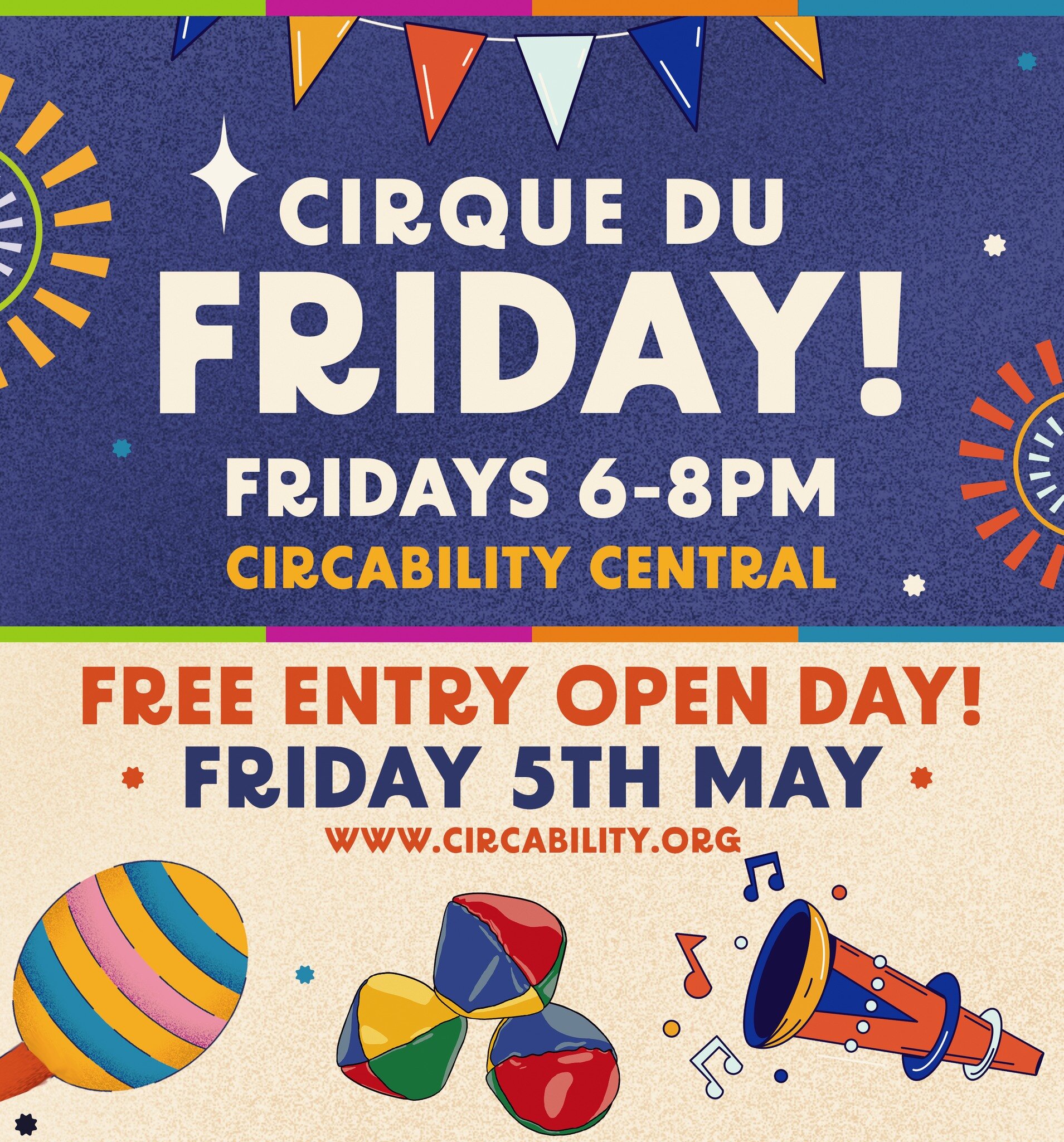 🎉 FREE OPEN DAY! 🎪
📅 May 5th
⏰ 6PM - 8PM
🗺️ Circability Central

Are you ready to experience the thrill of the circus? Then come join us at Cirque du Friday! With a variety of circus skills and tricks to experience, our skilled tutors &amp; high-
