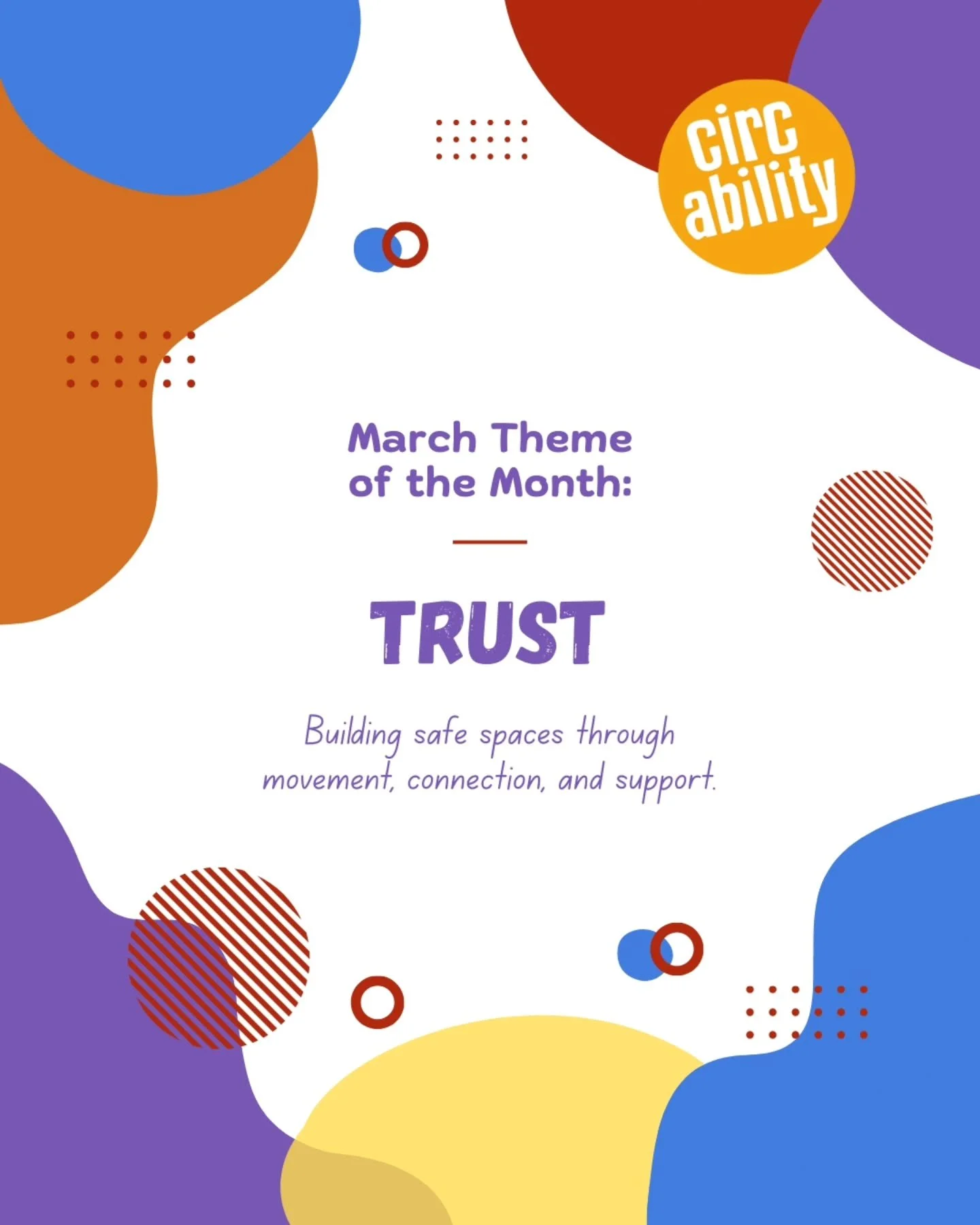 March Theme of the Month: TRUST 🤝

Trust can start with something simple &mdash; offering a steady hand, catching a juggling ball, or believing someone will be there to support you.

This month, our sessions explore trust through circus activities t