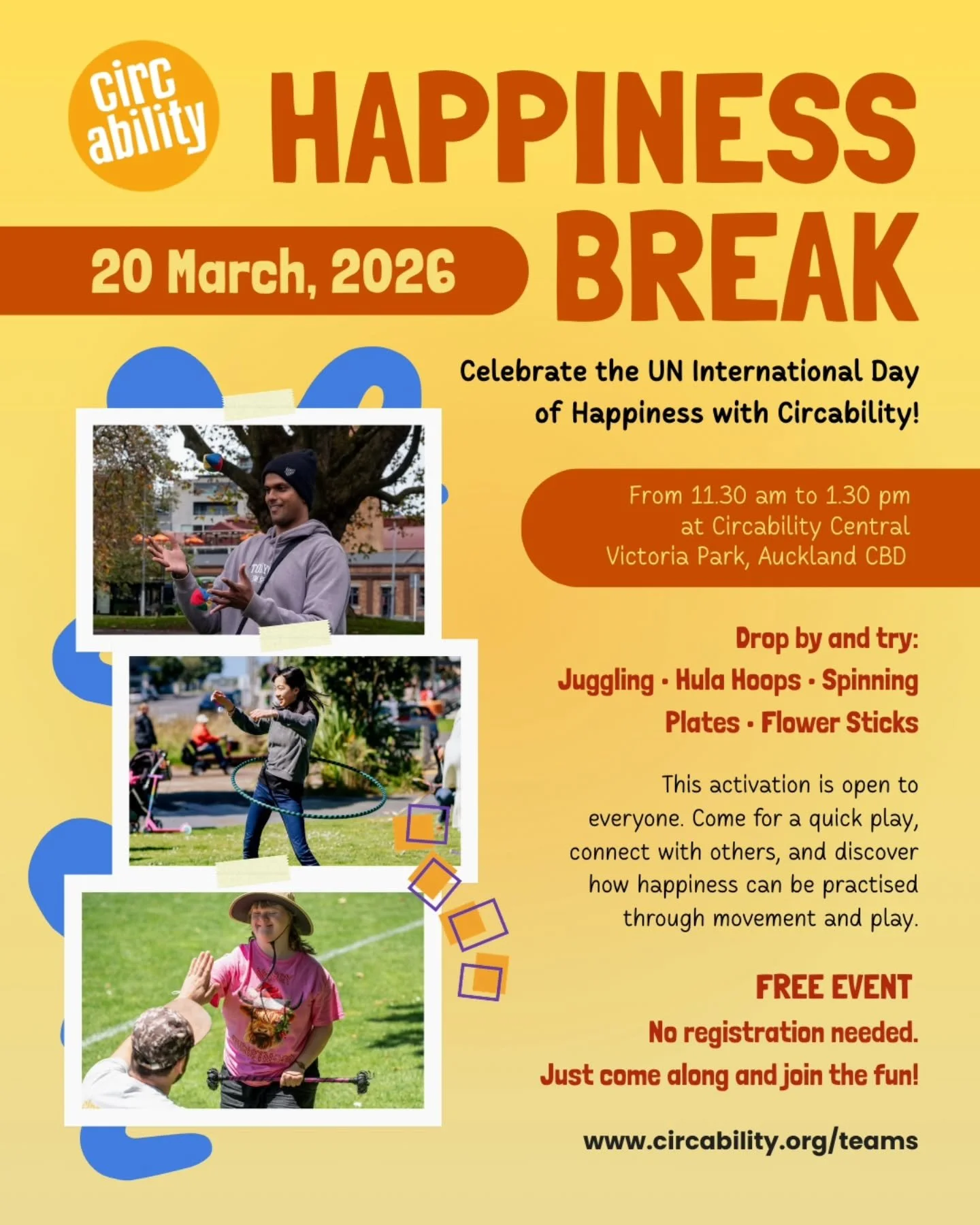 ✨ Celebrate happiness with us! ✨

Join us for a&nbsp;Happiness Break&nbsp;this 20 March as we celebrate the International Day of Happiness 🎉

Whether you stay for a quick play or the whole session, come connect, move, and experience the joy of circu