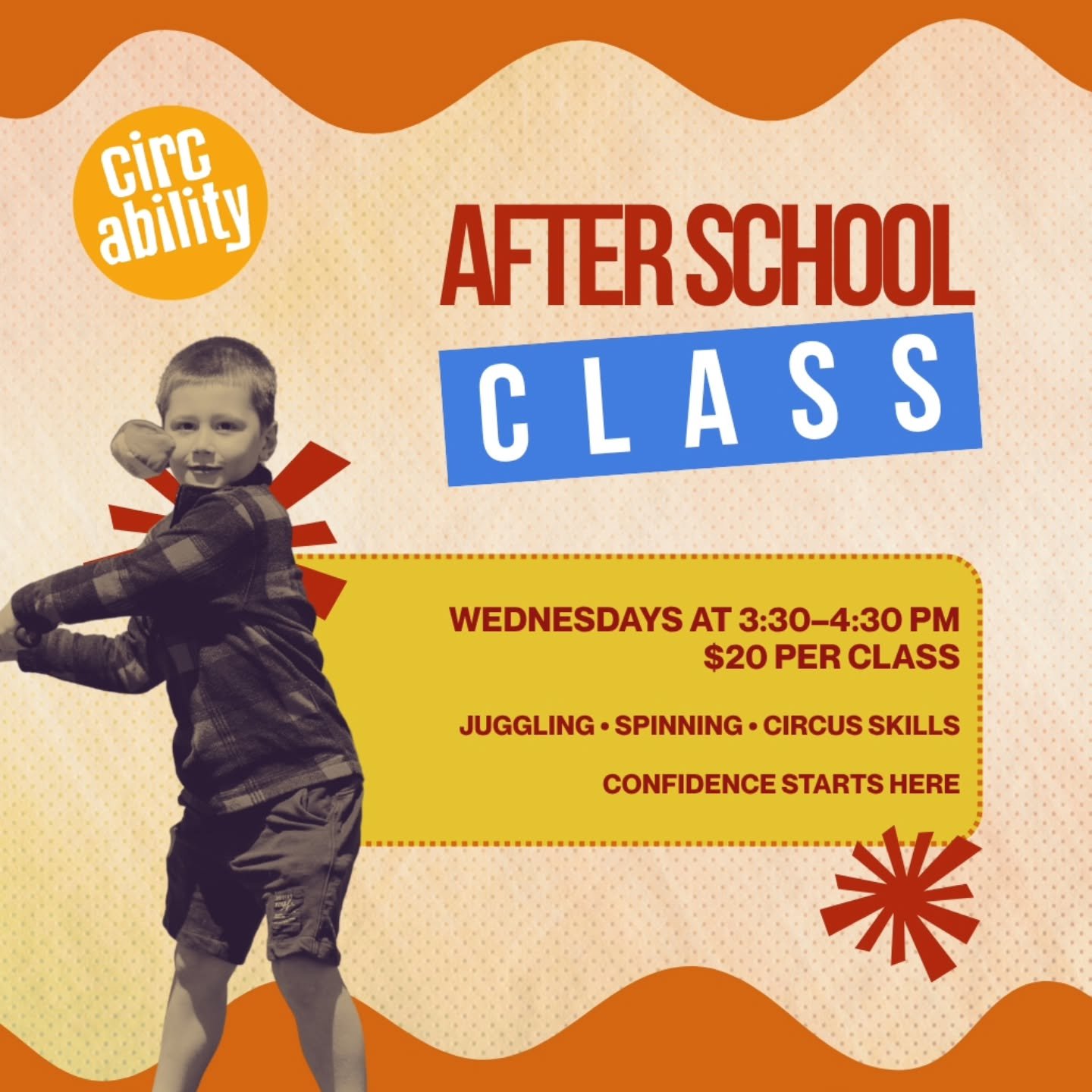 Make Wednesdays more exciting! 🎪

Our After School Circus Class is the perfect intro for young beginners&mdash;learn juggling, spinning plates, and more while building confidence and coordination.

🕒 Wednesdays | 3:30&ndash;4:30 PM
💲 $20 per class