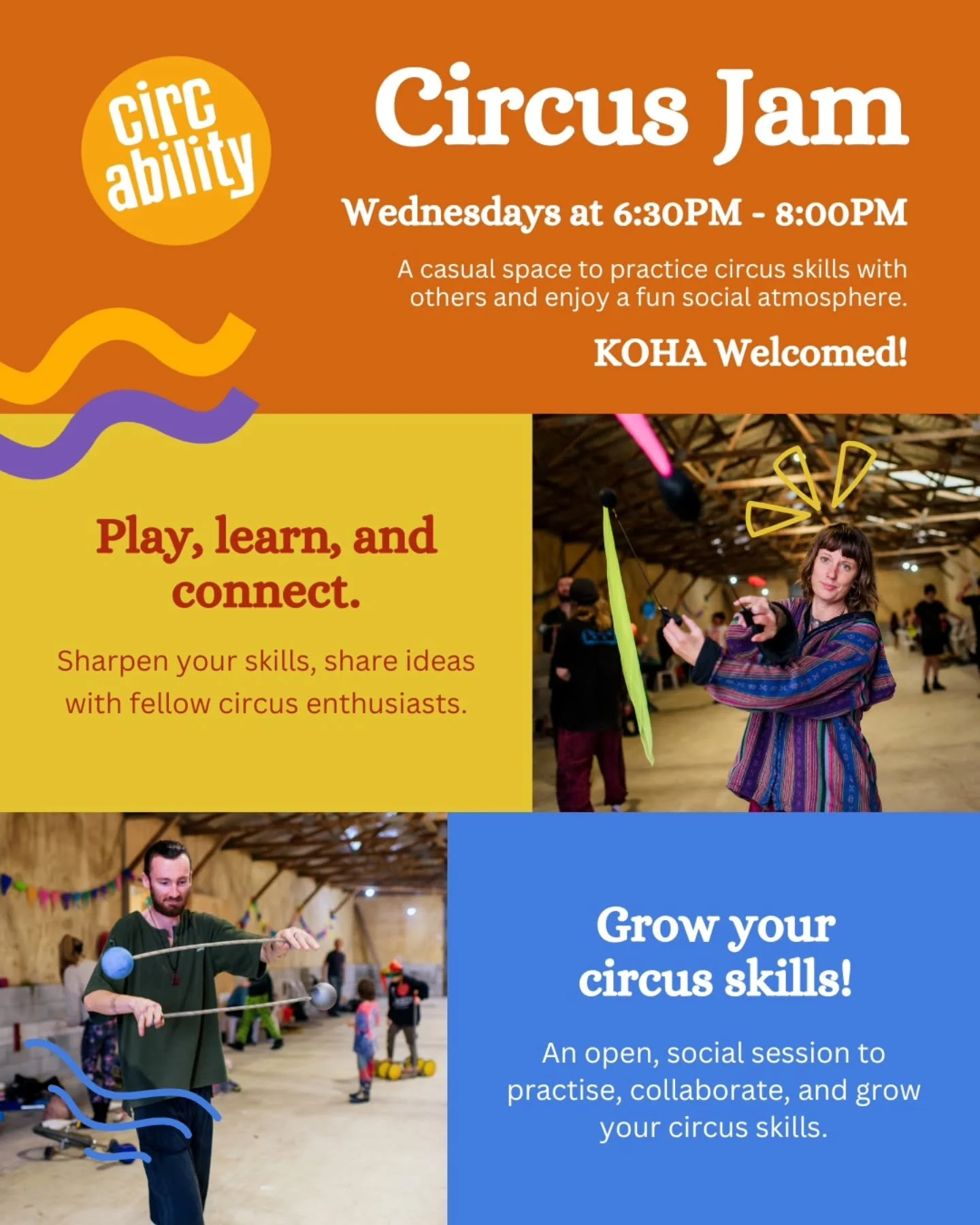 Join us at Circus Jam 🎪

A relaxed, social space where you can practise your skills, try something new, and connect with fellow circus enthusiasts.

Whether you're working on juggling, object manipulation, or just keen to learn, this is the perfect 