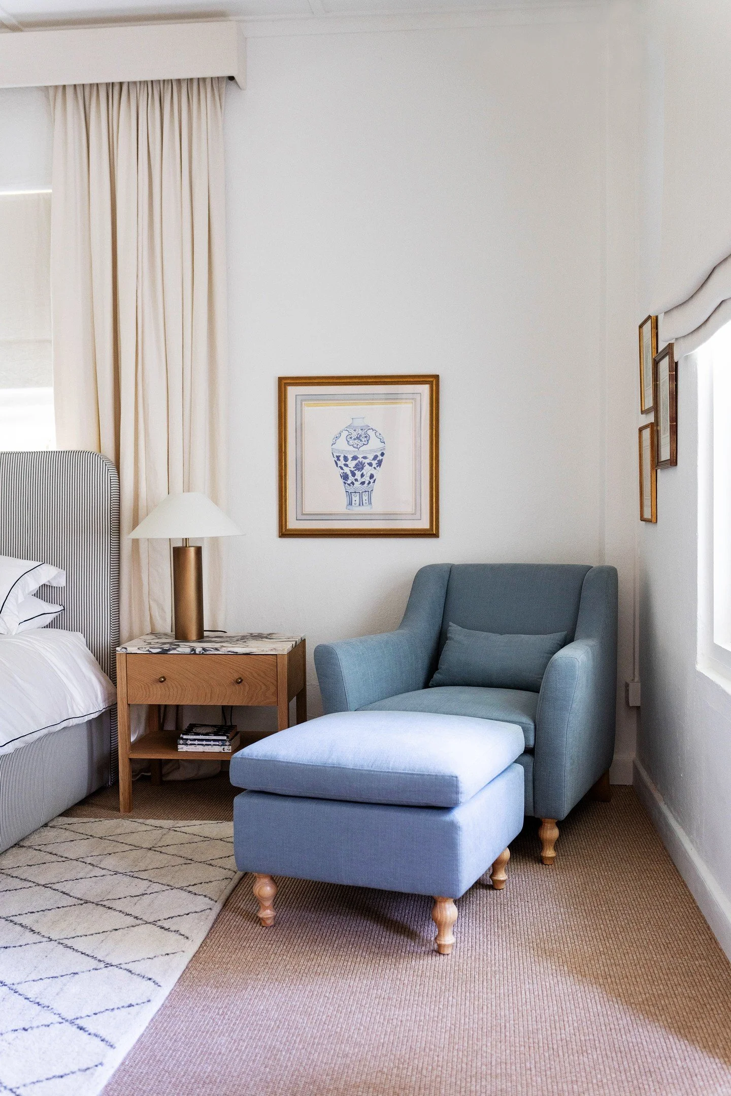 Occasional armchairs are often the hero in a master bedroom.  The perfect place to escape for a cup of tea or to read a book...or simply put your feet up and take a moment. I feel like it's important to create these quiet corners when designing a fam