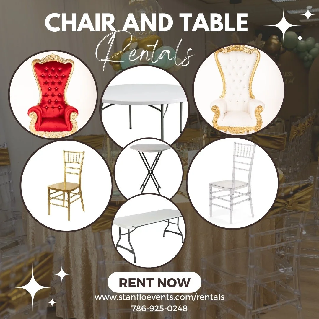 Advertisement for chair and table rentals featuring images of ornate, regal chairs in red, white, and clear styles, along with simple white and black tables, with a gold-themed event setting in the background.