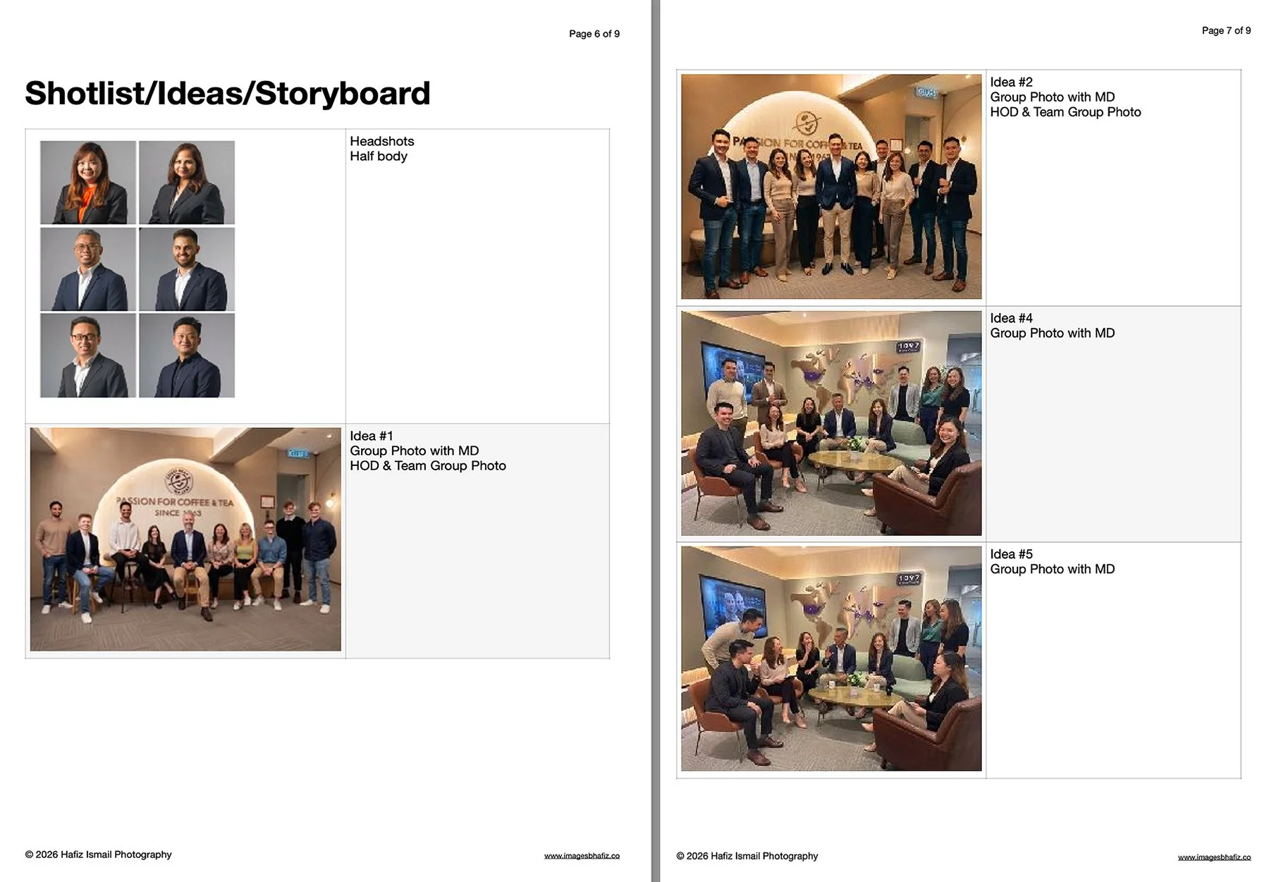 Corporate photography storyboard showing proposed management group portraits and office compositions.
