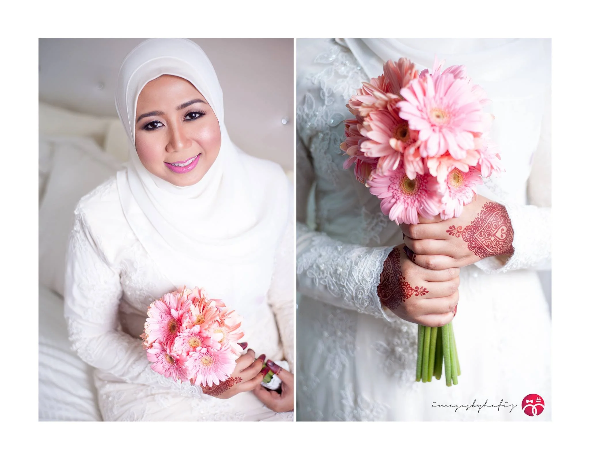 A woman dressed in white with a hijab, smiling and holding a bouquet of pink flowers, with henna designs on her hands.