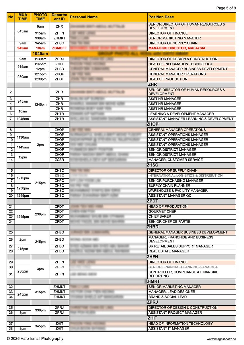 Corporate headshot shooting timetable coordinating photography and makeup appointments.