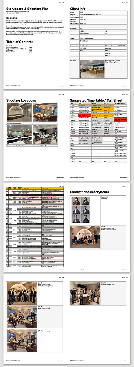 Shooting Plan Document as a guide for the client during the shoot day