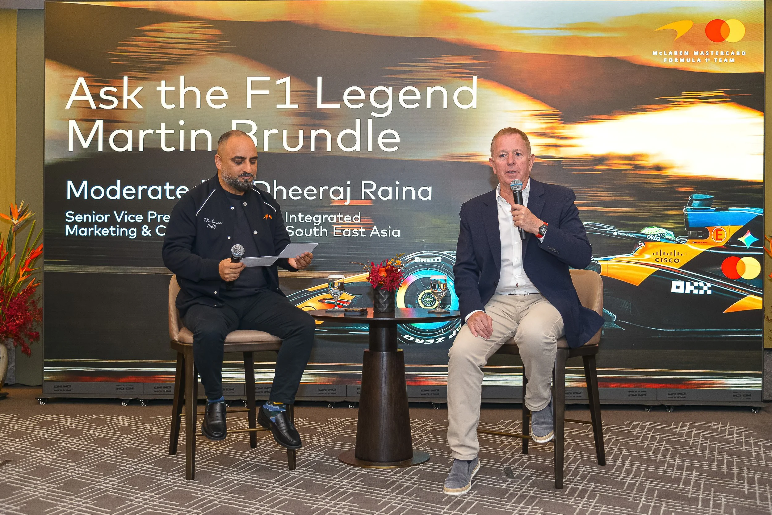 Martin Brundle speaking during a McLaren Mastercard F1 Team business session at Park Hyatt Kuala Lumpur