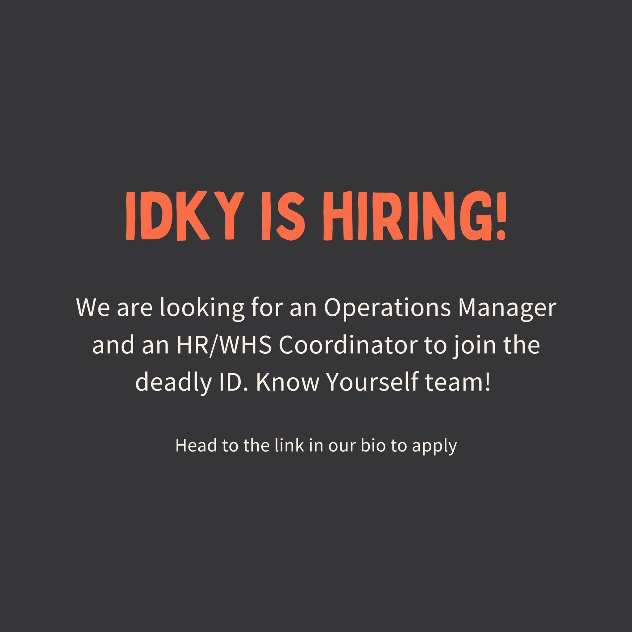 We have an exciting opportunity for an Operations Manager and an HR &amp; WHS Coordinator to join the deadly ID. Know Yourself team! 🖤✨⁣⁣⁣⁣
⁣⁣⁣
To learn more or to apply, head to the link in our bio⁣
.⁣⁣⁣⁣⁣⁣⁣
.⁣⁣⁣⁣⁣⁣⁣
.⁣⁣⁣⁣⁣⁣⁣
.⁣⁣⁣⁣⁣⁣⁣
#IDKY #BreakT