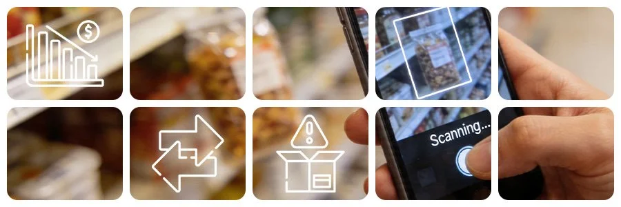 Grid showcasing an image of a hand scanning grocery items with smartphone