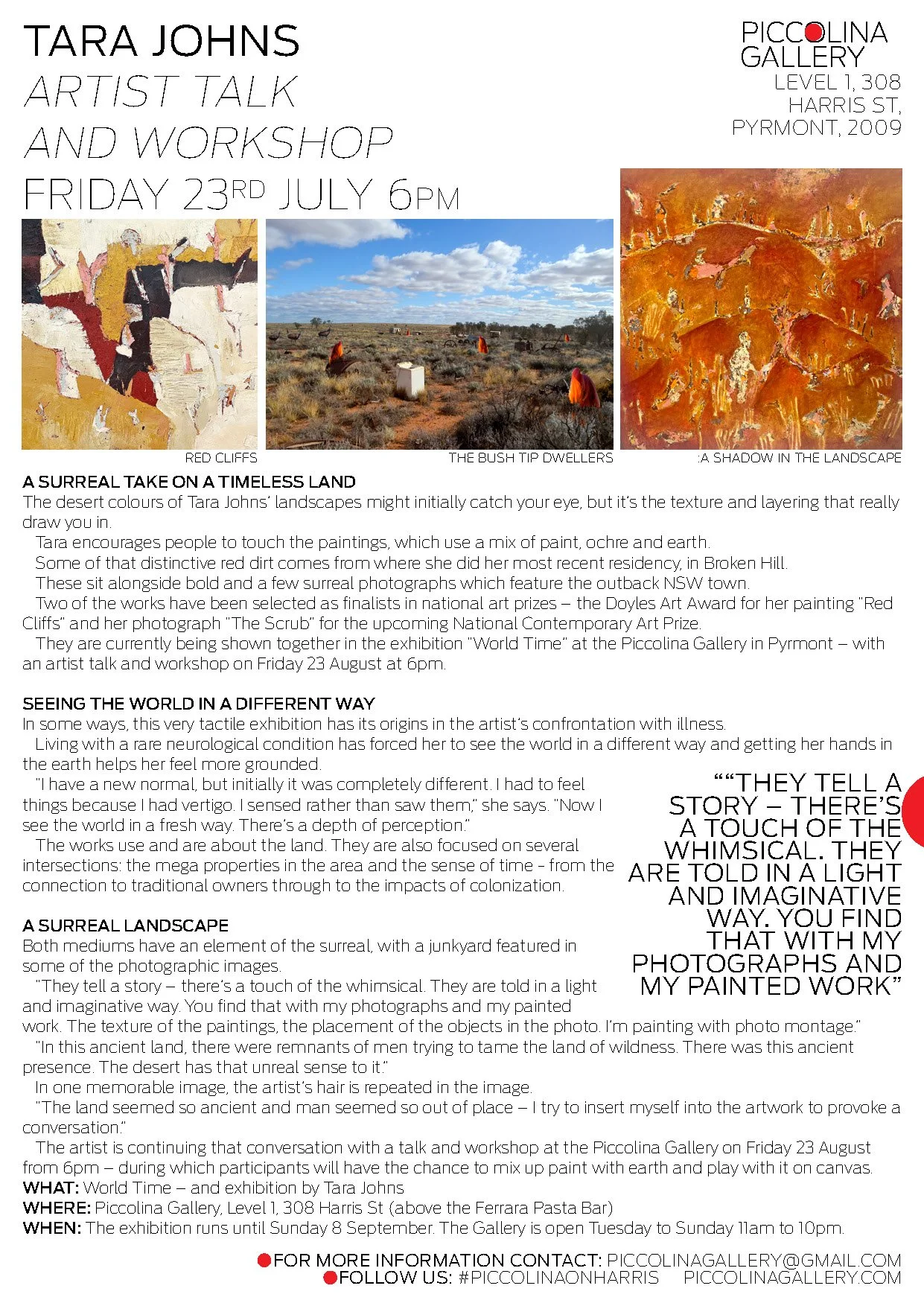 Poster advertising Tara Johns' artist talk and workshop at Piccolina Gallery on July 23, 2009, featuring three of her landscape paintings, titled Red Cliffs, The Bush Tip Dwellers, and A Shadow in the Landscape.
